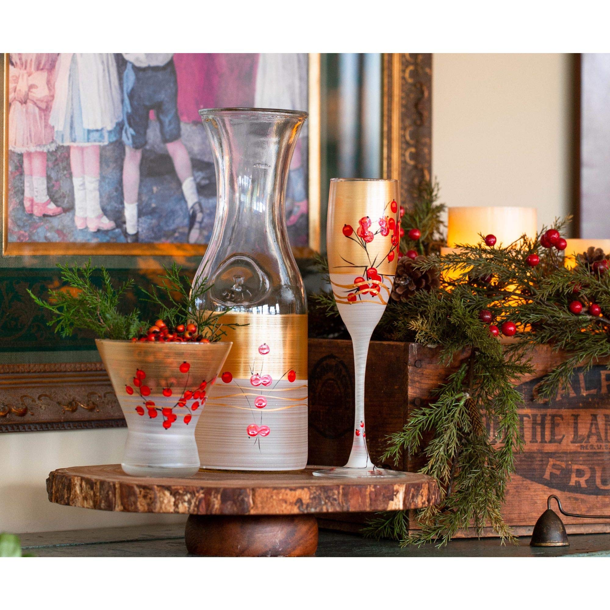 Set of 2 Hand-Painted Berries & Branches Champagne Flutes - 5.75 Oz Elegant Glassware for Wedding Toasts & Romantic Dinners