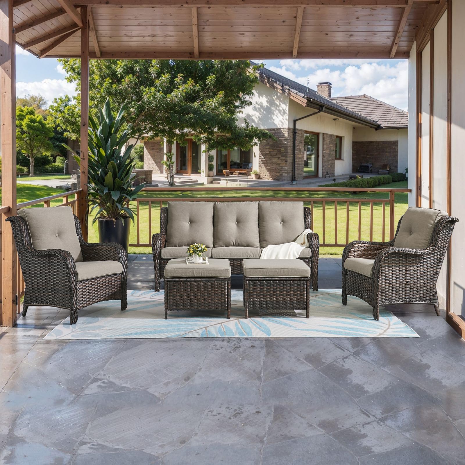 HUMMUH 5-Piece Outdoor Patio Furniture Set - All-Weather Wicker Sectional Sofa with 2 Chairs & Ottomans for Backyard, Poolside, and Garden Relaxation