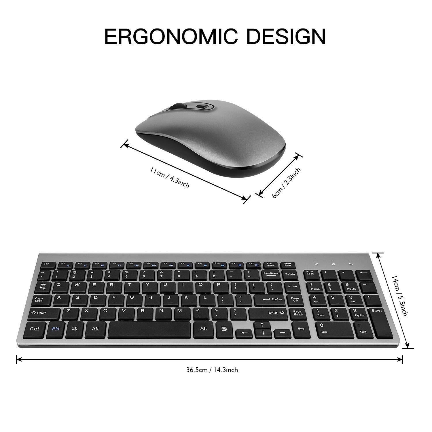 Cimetech EasyTyping KF10 Wireless Keyboard and Mouse Combo - Silent Scissor Switch Keys, Ergonomic Ultra Slim Design for PC, Laptop, Mac & Windows (Grey) | Perfect for Office, Home & Gaming Use