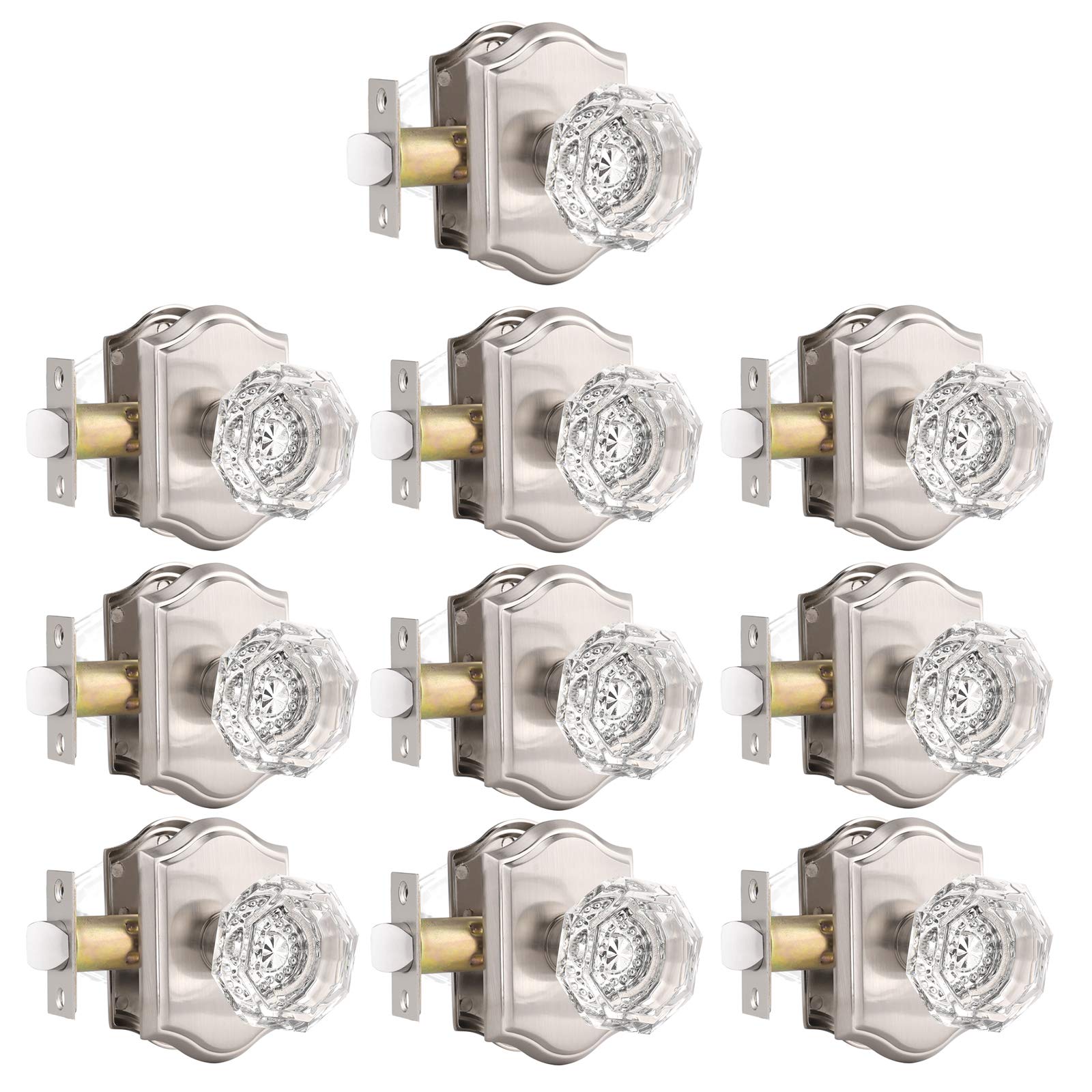10 Pack Clear Crystal Glass Door Knobs with Octagon Diamond Knob - Vintage Satin Nickel Non-Locking Passage Door Handles for Hallway, Closet & Interior Doors - Perfect for Victorian, Classic & Retro Home Decor