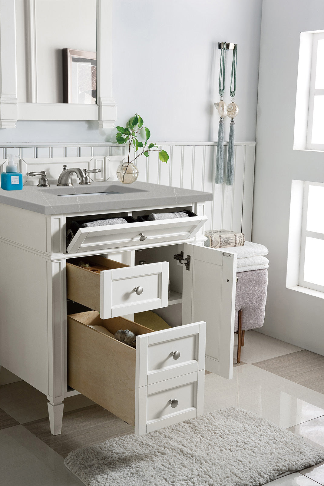 Brittany 30-Inch Single Bathroom Vanity Set with 3CM Eternal Serena Quartz Top in Bright White - Perfect for Modern Master Bathrooms & Powder Rooms