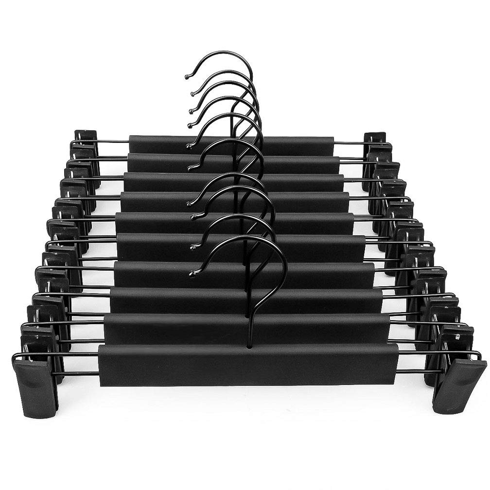 WEYANG 10-Pack Black Plastic Clothes Hangers with Adjustable Anti-Rust Clips & 360° Rotating Hooks - Perfect for Pants, Skirts, Jeans & Wardrobe Organization