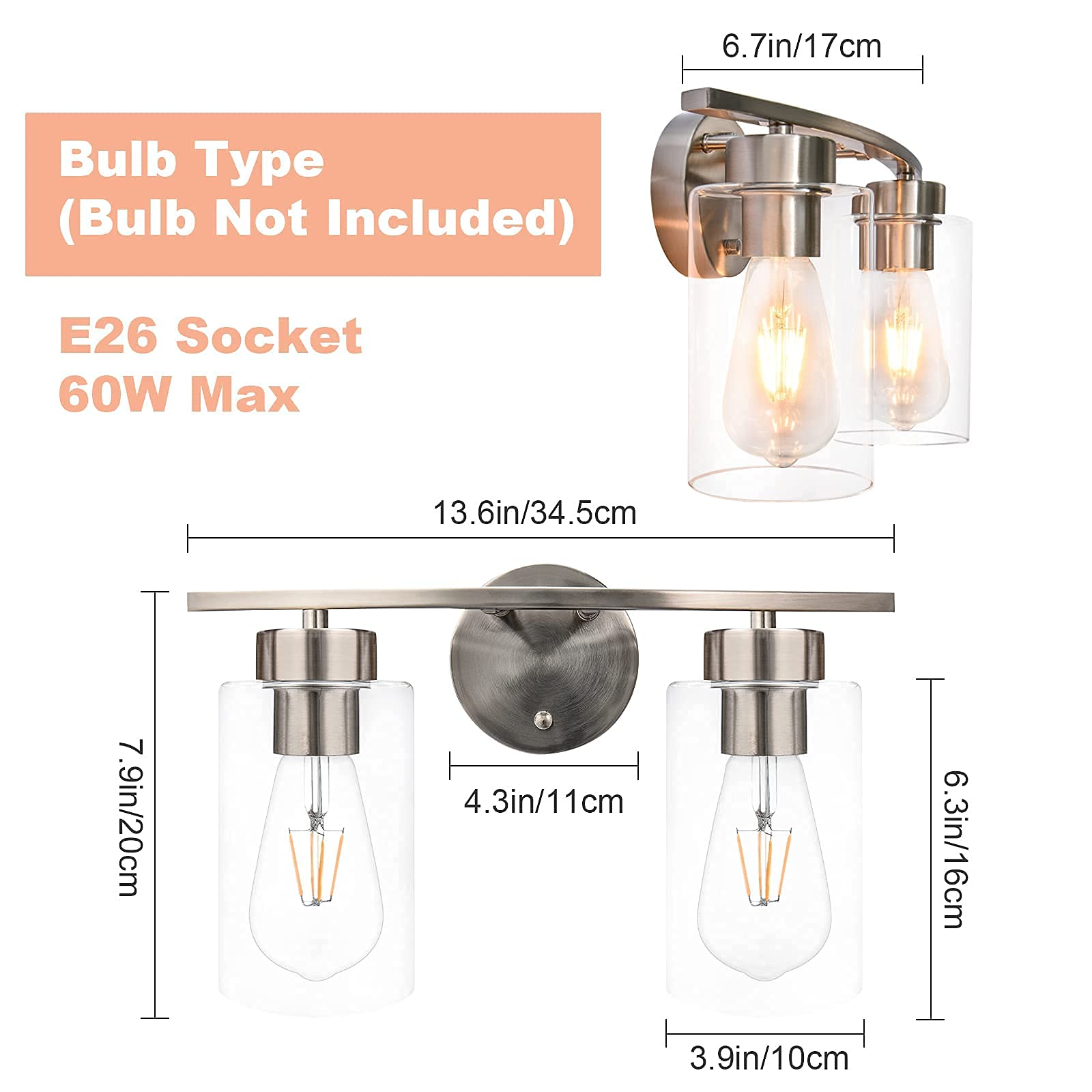 Modern 2-Light Bathroom Vanity Wall Sconce - Brushed Nickel Finish with Glass Shade - Perfect for Bathroom Mirror Lighting, Kitchen, Living Room & Bedroom Décor - Energy Efficient & Stylish Home Lighting Solution