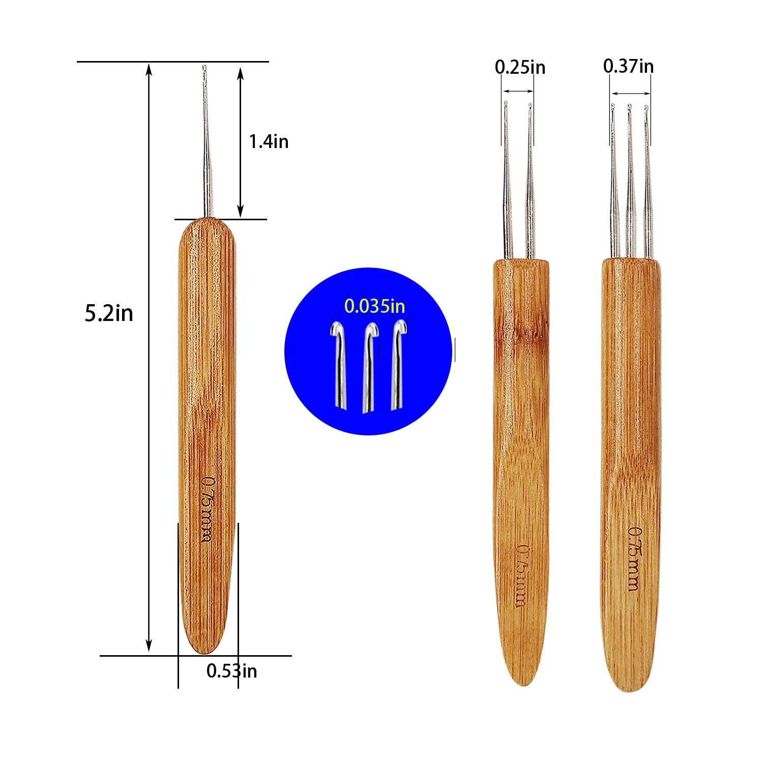 JOSDIOX Professional Dreadlocks Crochet Hooks Set - 0.75mm Steel Needles with Bamboo Handle for Hair Braiding & Locs - Includes 1/2/3 Hook Options (Perfect for Salon, DIY Hair Styling & Natural Hair Care)