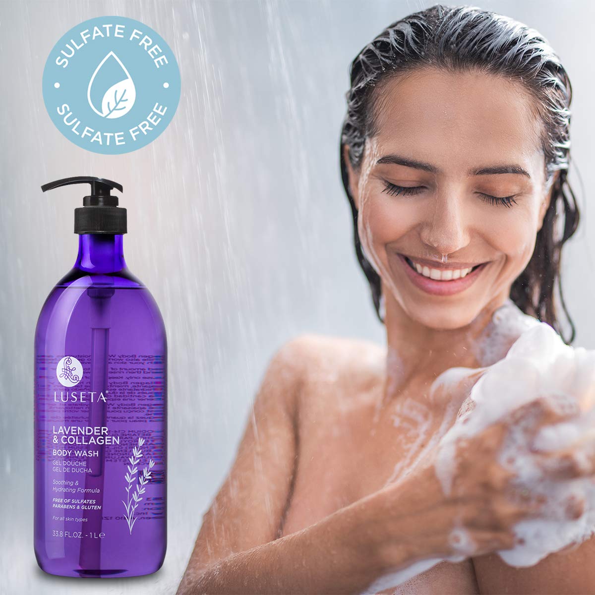 Luseta Lavender & Collagen Body Wash 33.8oz - Moisturizing Shower Gel for Dry Skin, Soothing Relaxing Scent - Perfect for Stress Relief & Nighttime Bath Routine