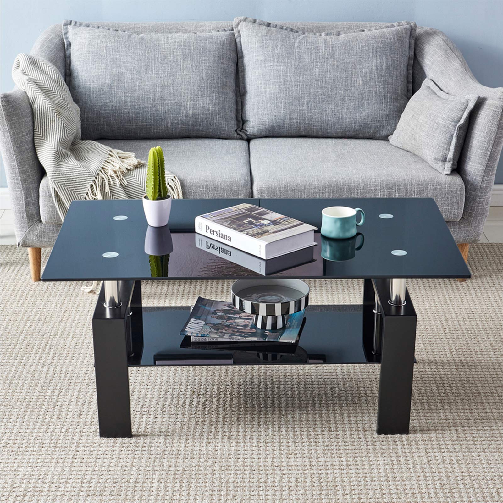 43.3 Inch Modern Rectangle Glass Coffee Table with Solid Wooden Feet - Clear Black Center Table for Living Room, Bedroom & Office - Perfect for Entertaining, Relaxing & Home Decor