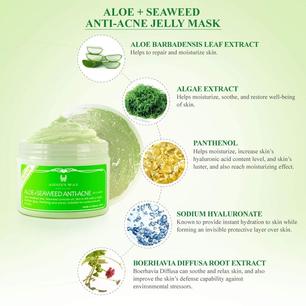 ANNIE'S WAY Upgraded Aloe Seaweed Anti-Acne Jelly Mask 8oz - Soothing Face Mask for Oily & Acne-Prone Skin, Deep Cleansing & Hydrating Treatment for Daily Skincare Routine
