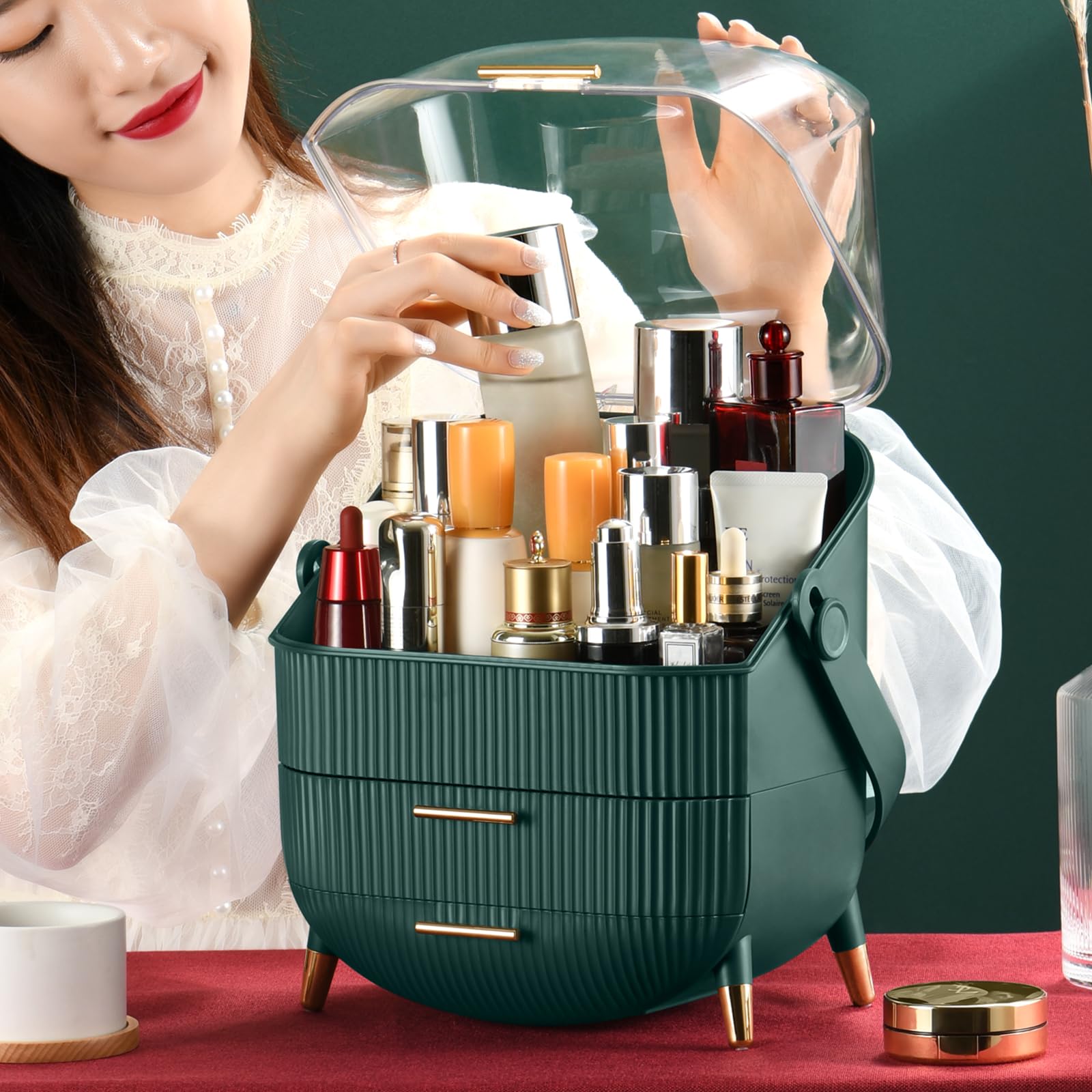 CANITORON Makeup Organizer with 2 Drawers & Brush Storage - Cosmetic Display Case for Vanity & Bathroom Countertop - Green Skincare Organizer for Daily Beauty Routine & Travel Essentials