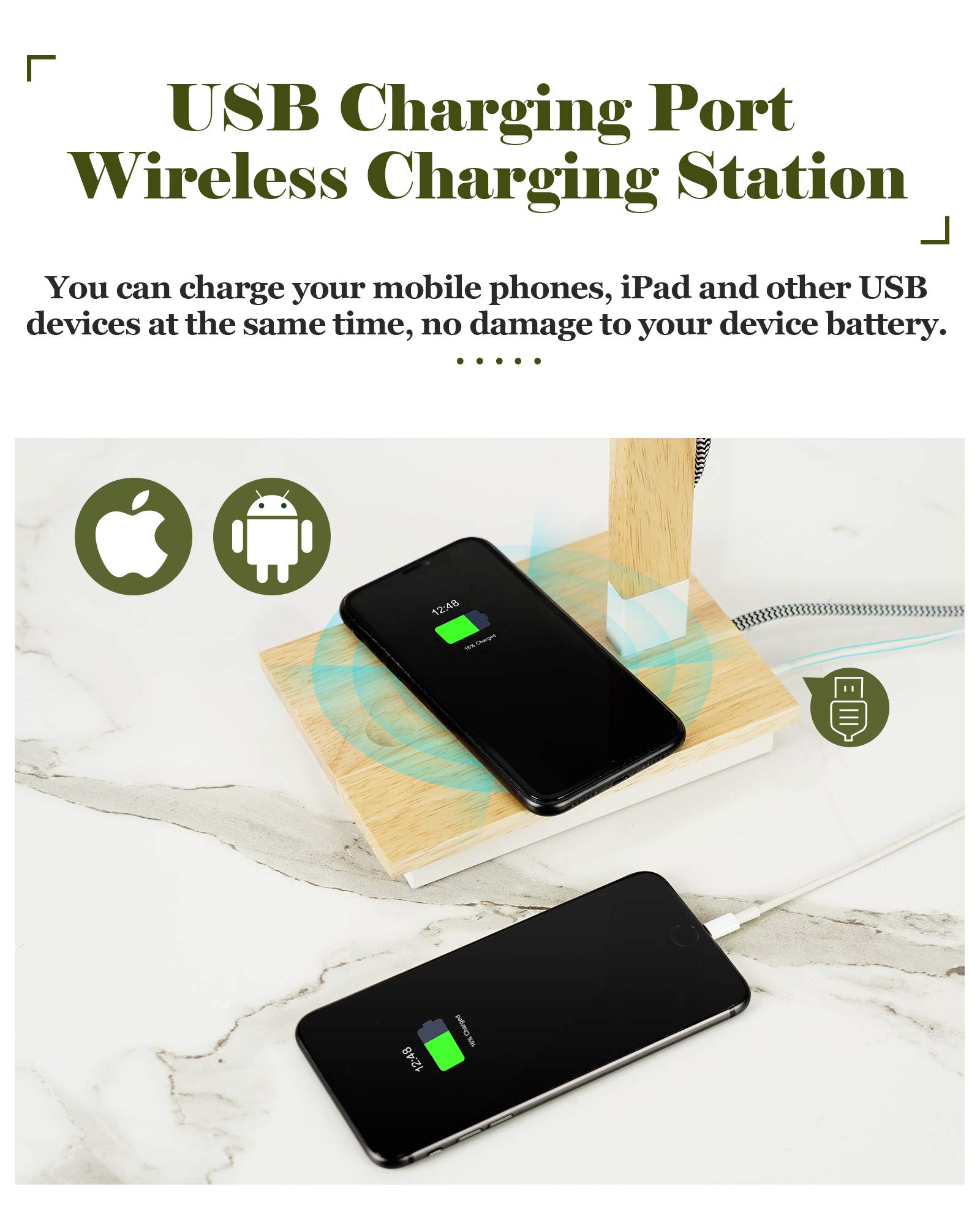ELYONA Wireless Charging Desk Lamp with USB Port - Touch Control Adjustable Swing Arm Table Lamp for Office, Dorm, Bedroom & Living Room - Natural Rubber Wood Base with Included Bulb - Perfect for Reading, Working & Nightstand Lighting