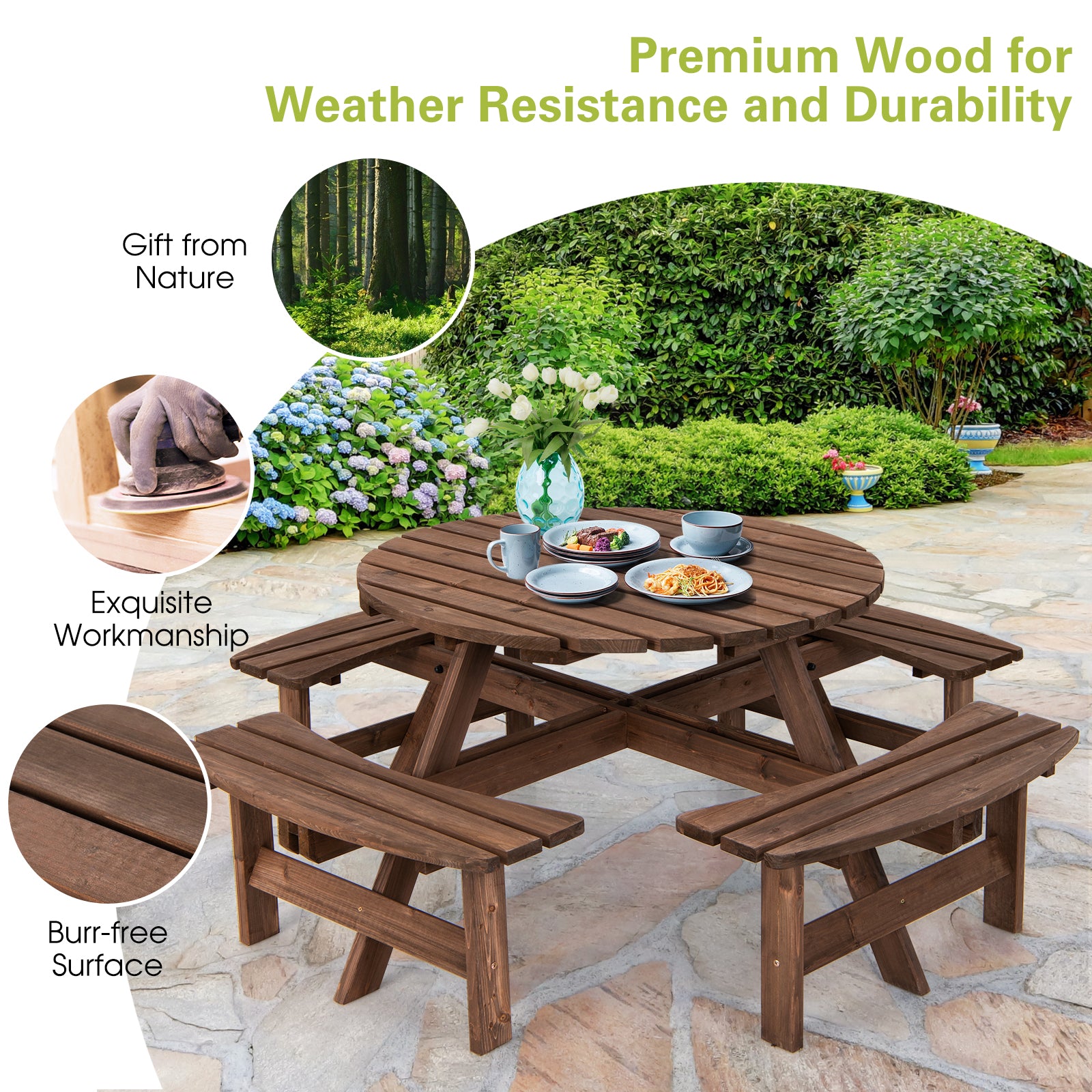 Costway 8-Seat Wooden Picnic Table with Benches Set | Outdoor Dining & Garden Furniture for Backyard, Patio, and Park Gatherings