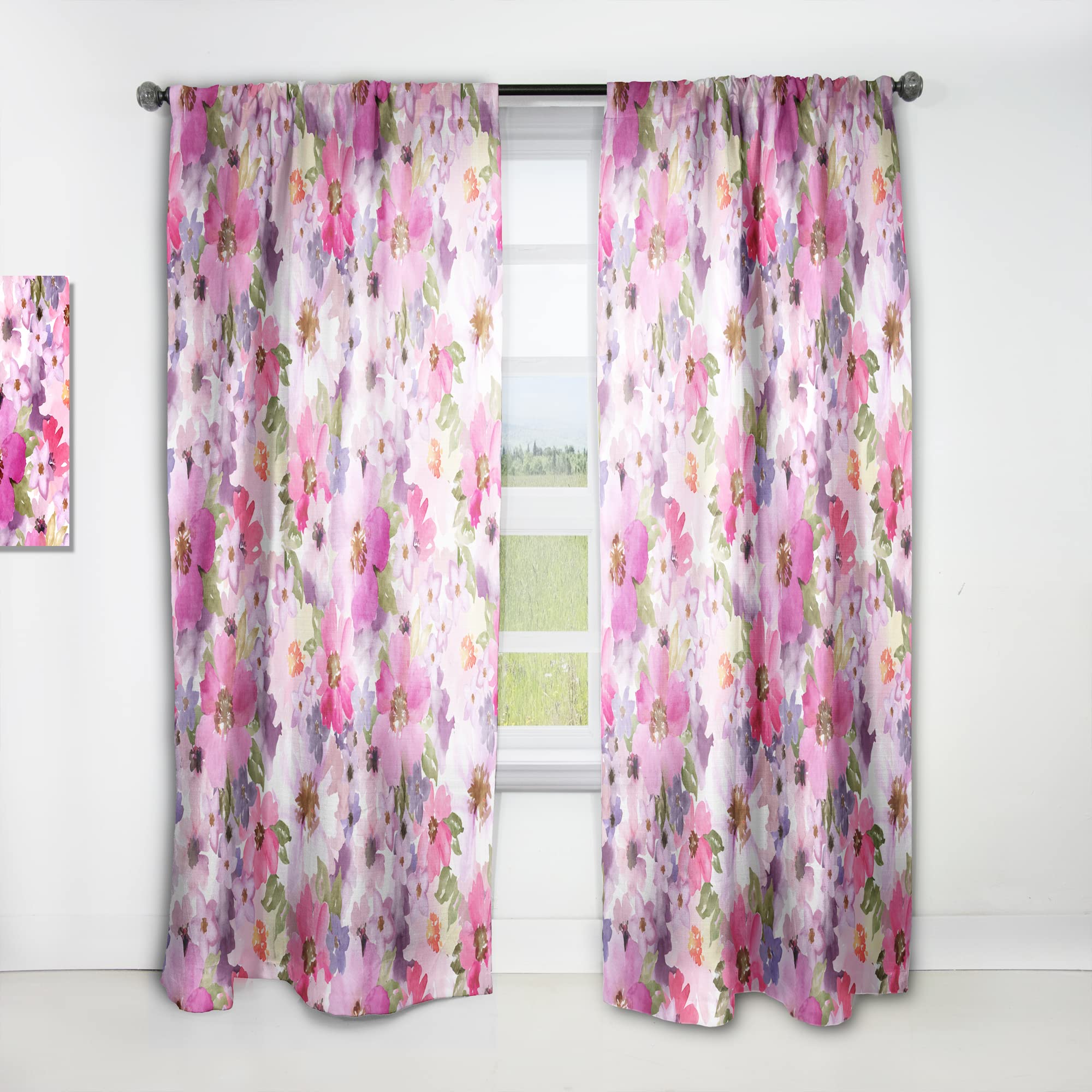 DesignQ Watercolor Pink & Purple Floral Curtains - Thermal Insulated Single Panel (52x63 inches) for Bedroom & Living Room - Elegant Window Drapes for Home Decor & Light Control