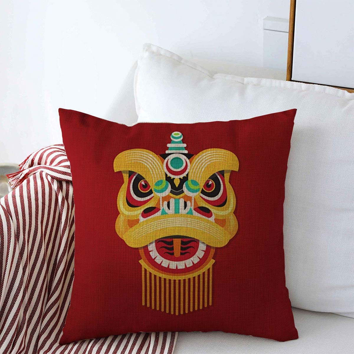18x18 Inch Chinese New Year Lion Dance Throw Pillow Cover - Cotton Linen Decorative Cushion Case for Holiday Celebration, Asian Home Decor | Perfect for Festive Seasons, Living Room Sofa & Seasonal Decorations