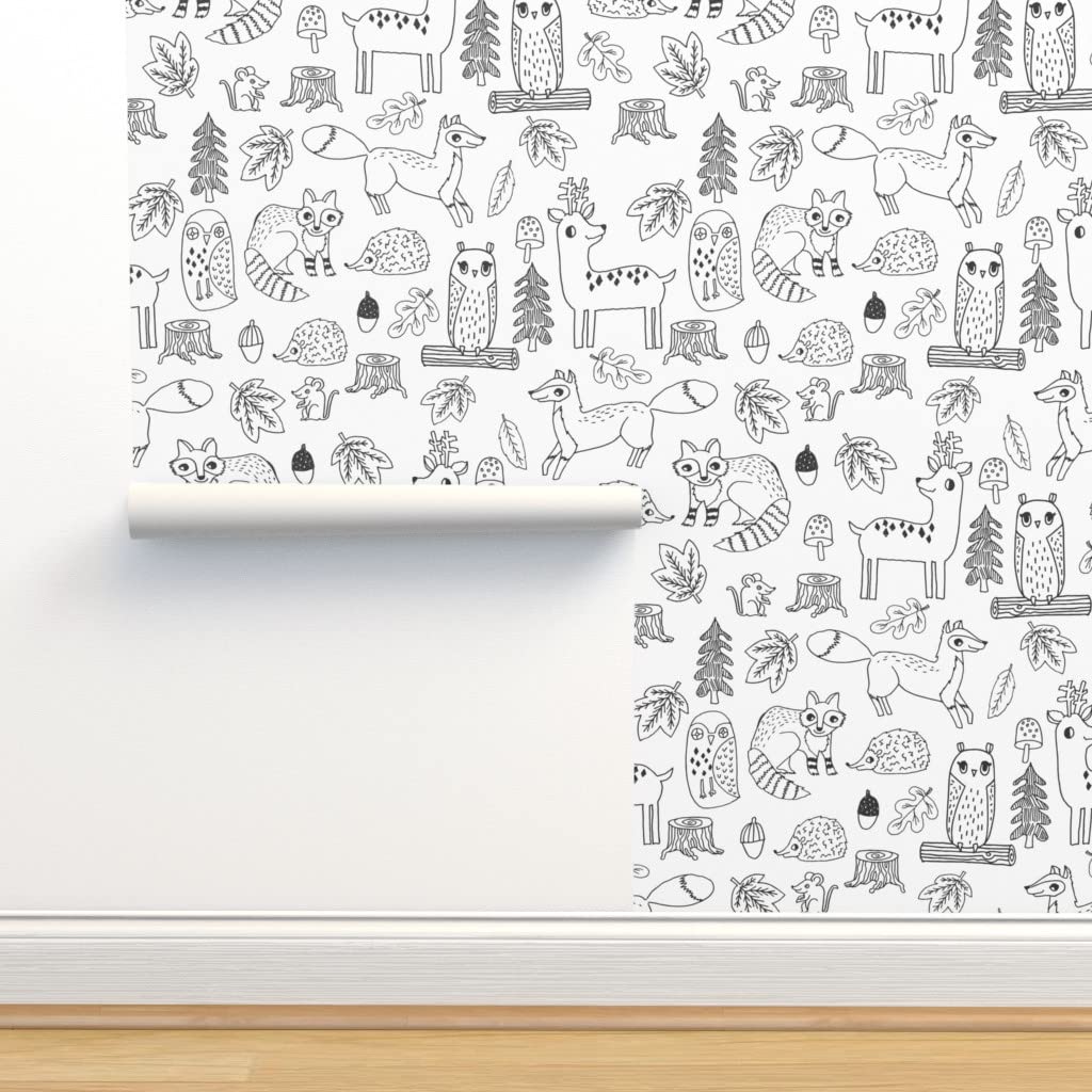 Removable Wallpaper 12ft x 2ft - Woodland Animals Autumn Theme, Hand-Drawn Black & White Nursery Wallpaper, Custom Pre-Pasted Peel & Stick Wall Decor for Baby Room, Kids Bedroom, and Playroom | Spoonflower