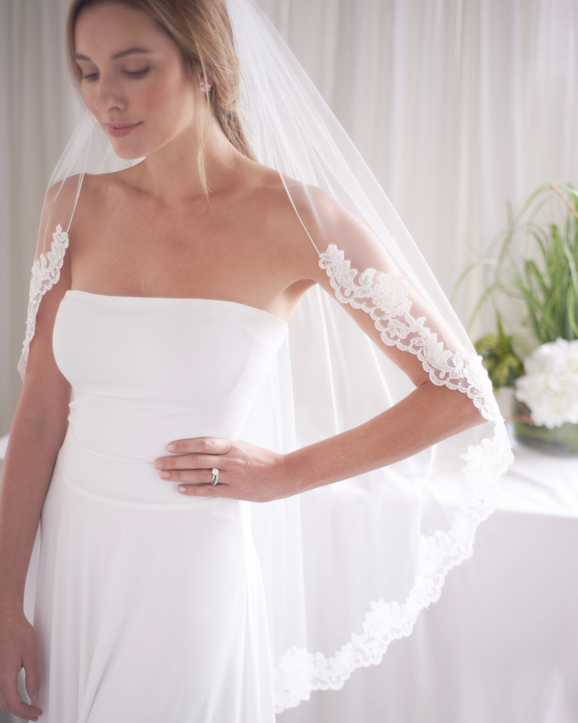 Elegant Sasha Lace Wedding Veil with Beaded Edge - Perfect for Bridal Ceremony, Photoshoot & Special Occasions
