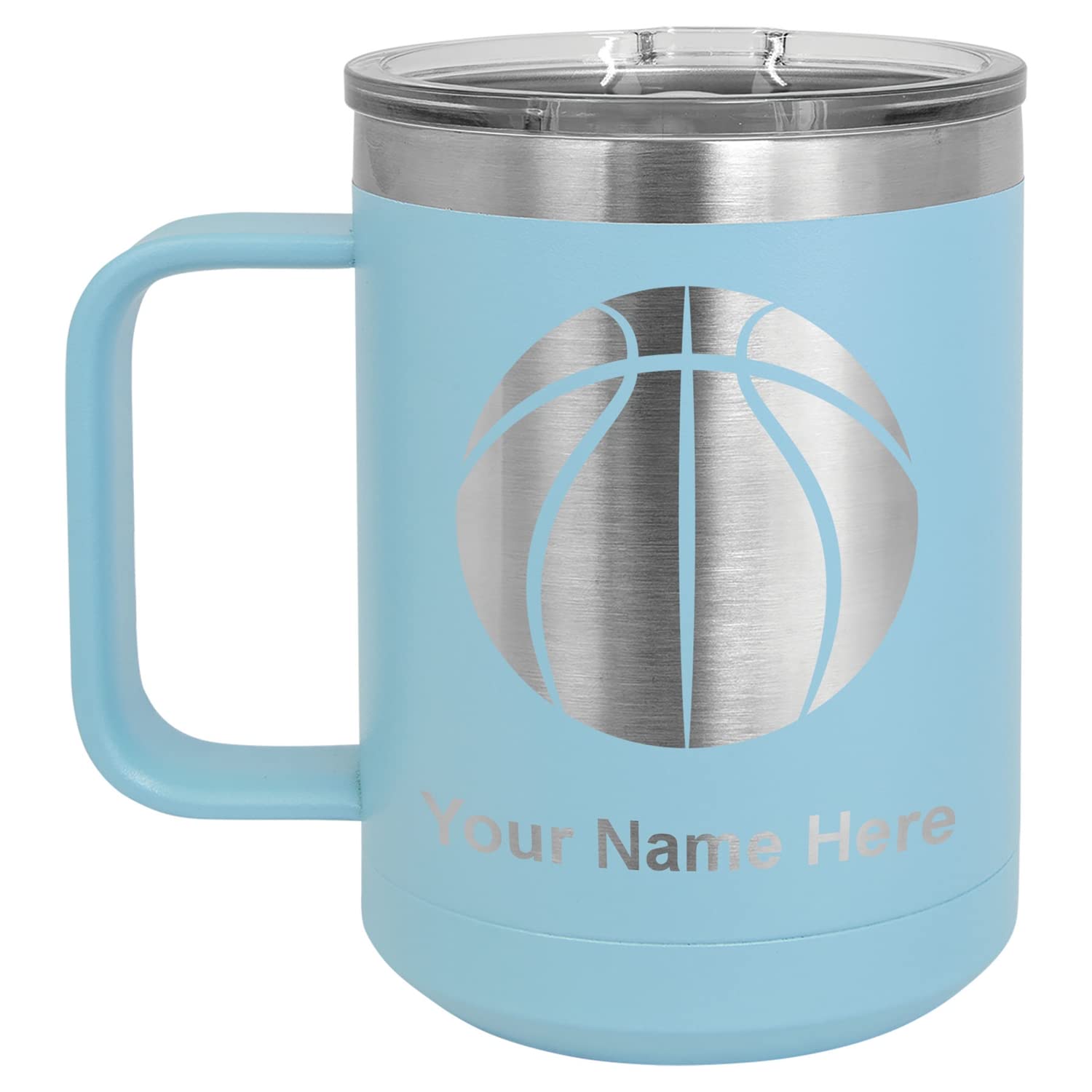 LaserGram 15oz Vacuum Insulated Stainless Steel Coffee Mug with Basketball Design - Personalized Engraving Gift - Light Blue - Perfect for Office, Travel & Sports Enthusiasts