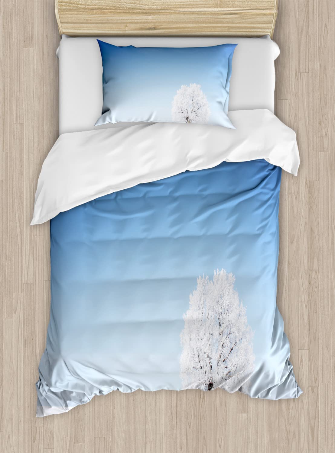 Ambesonne Winter Duvet Cover Set - Snowy Tree Landscape Design for Cold Weather, 2-Piece Twin Size Bedding Set with 2 Duvet Covers & 2 Pillowcases, White and Blue - Perfect for Cozy Winter Nights, Guest Rooms, and Cabin Retreats
