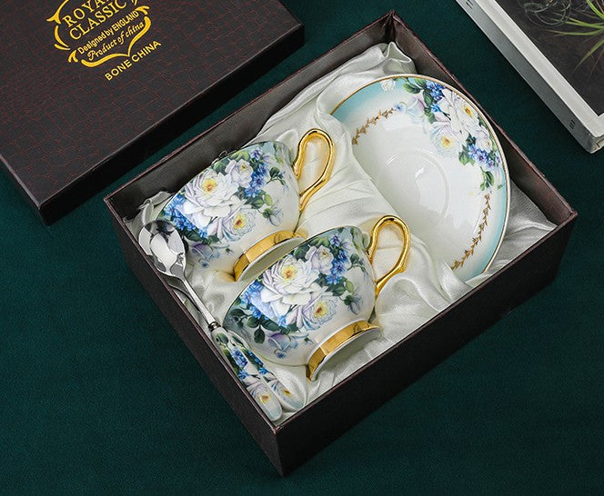 Elegant British Ceramic Coffee Cups and Tea Set with Saucer - Royal Bone China Porcelain Tea Cup Gift Box Set with Rose Flower Pattern - Perfect for Afternoon Tea, Gifts, and Home Decor