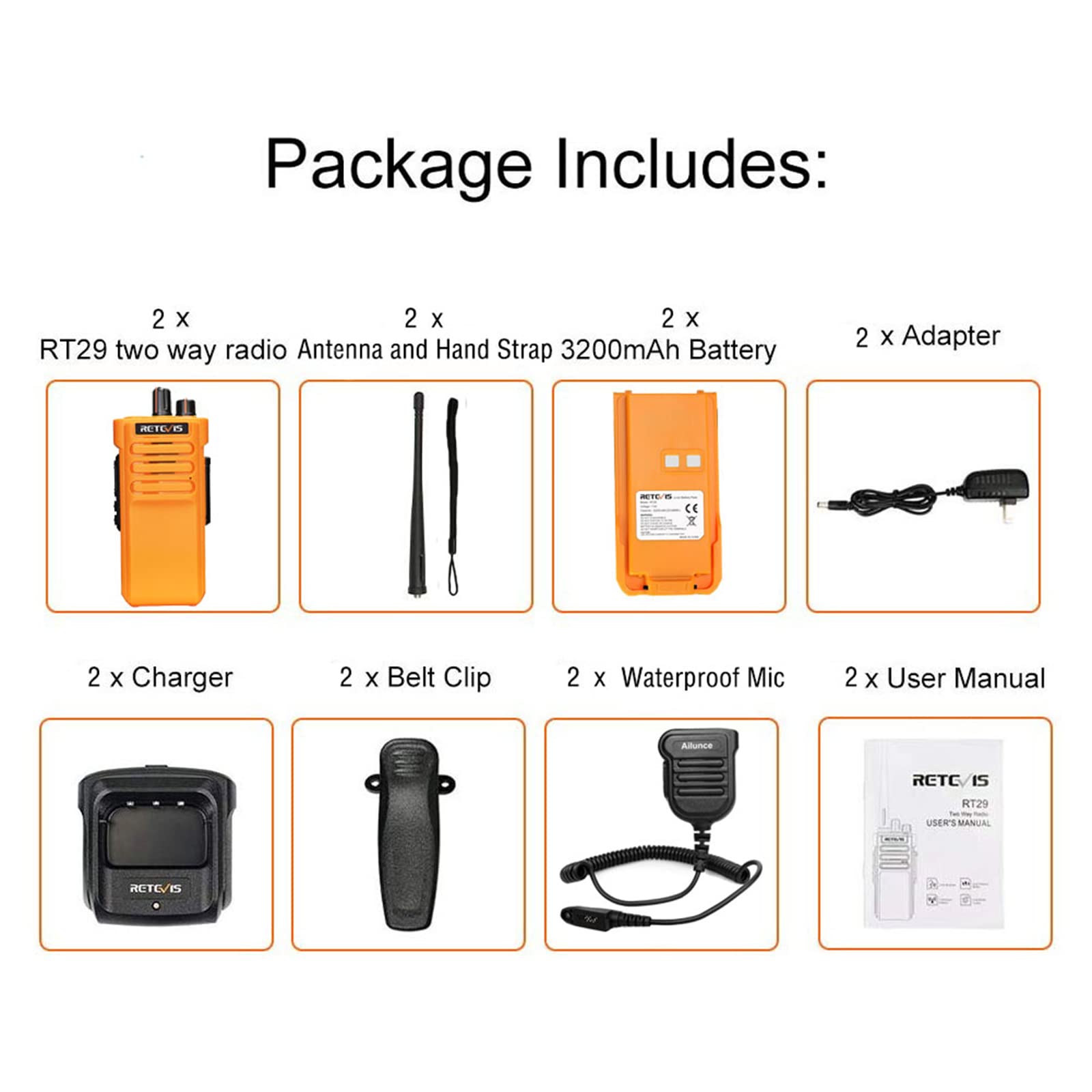Retevis RT29 Long Range Rechargeable Two Way Radios - High Power Walkie Talkies for Adults with IP67 Waterproof, VOX & Emergency Alarm - Perfect for Outdoor Adventures, Hiking, Camping & Offroad Survival (2 Pack)