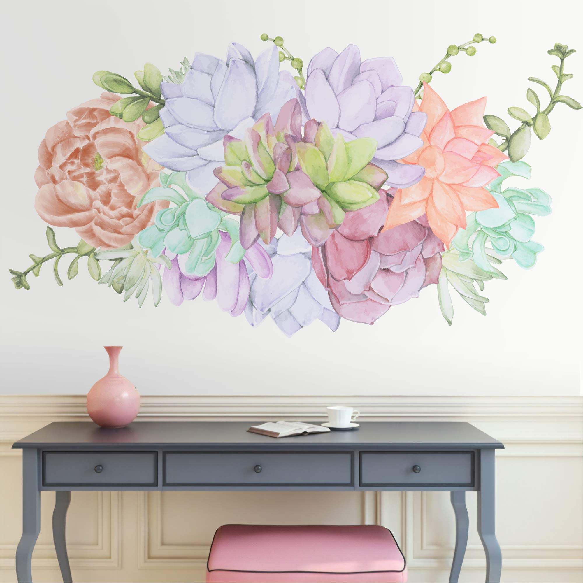 Murwall Cactus Floral Wall Decal - Self-Adhesive Cactus Flower Bouquet Wall Sticker, Echeveria Succulent Wall Art for Kids Room, Living Room & Bedroom Decor | Perfect for Nursery, Dorm, Office & Home Interior Design