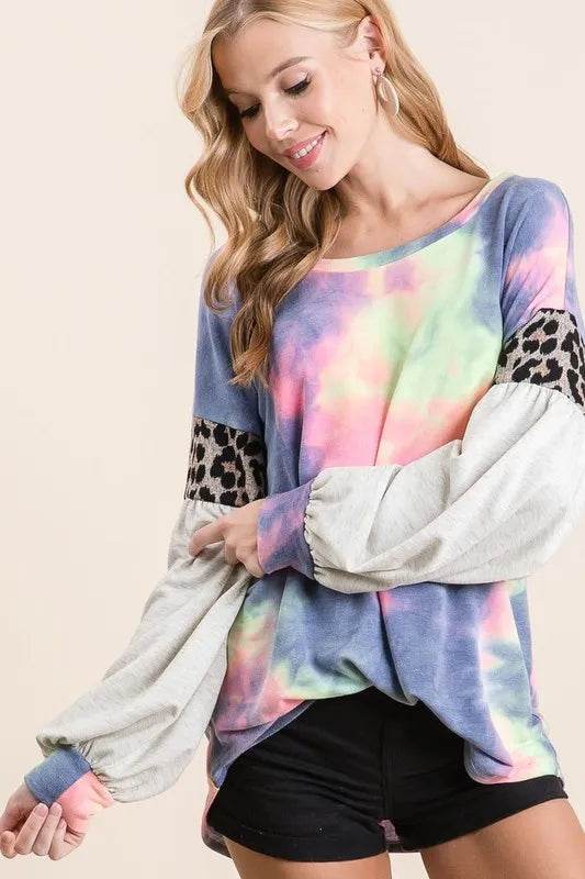 BiBi Tie Dye Terry Top with Contrast Puff Sleeves | Trendy Women's Fashion Tops | Perfect for Summer Outfits, Beach Wear & Casual Street Style