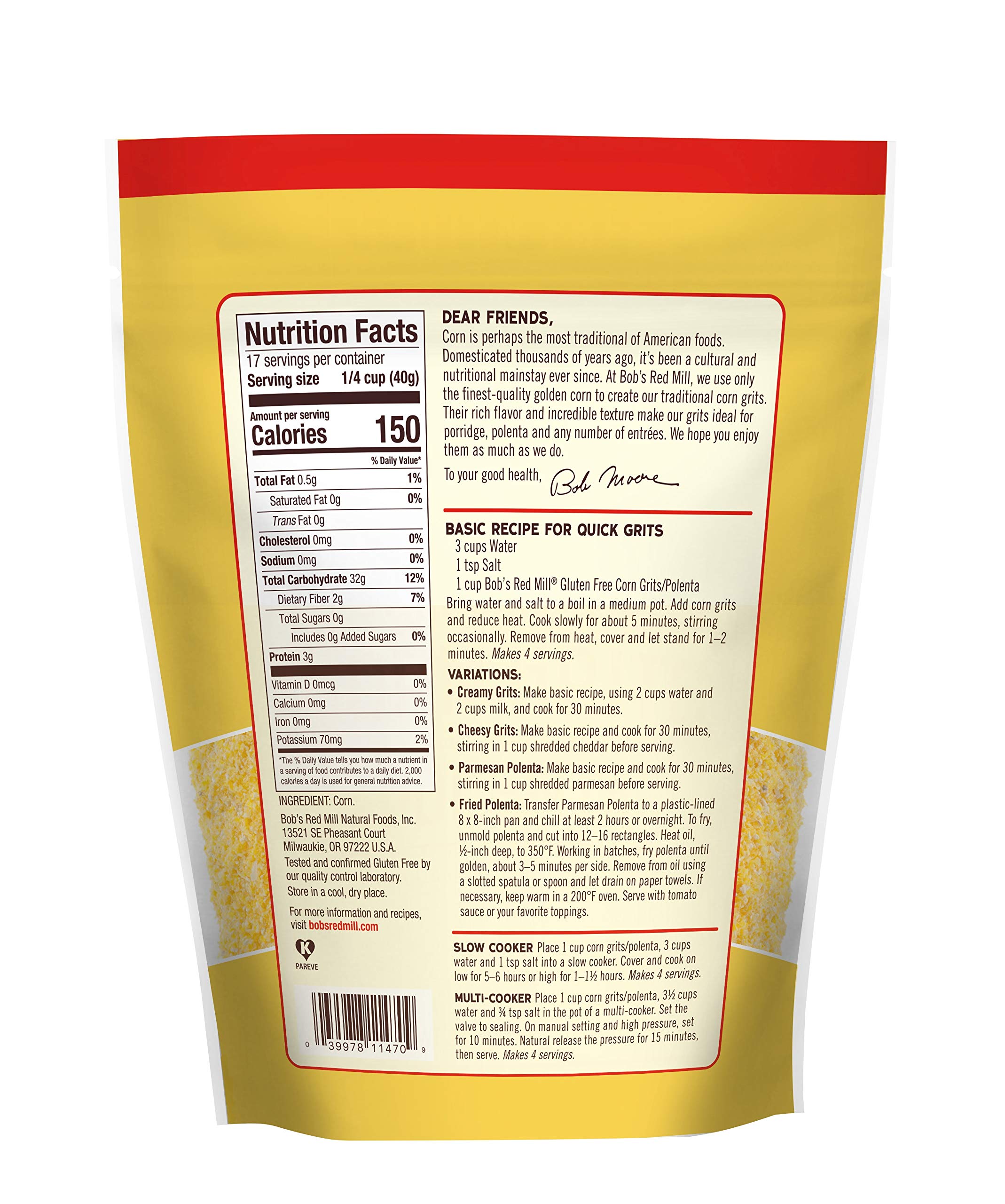 Organic Gluten-Free Corn Grits & Polenta by Bob's Red Mill - 24oz (Pack of 4) | Non-GMO, Stone Ground | Perfect for Breakfast Porridge, Italian Polenta Dishes & Southern-Style Recipes