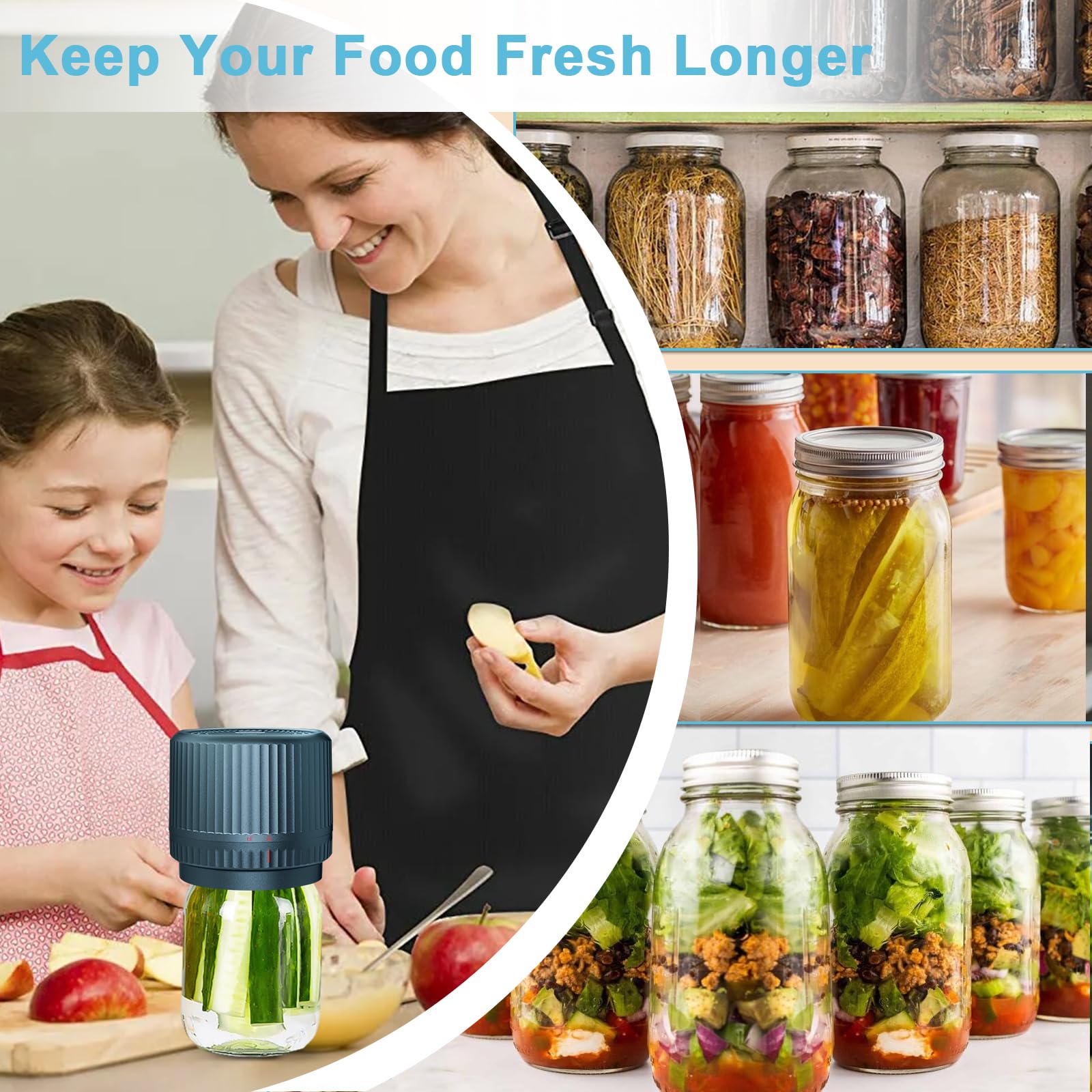 Electric Mason Jar Vacuum Sealer Kit - Cordless Wide & Regular Mouth Jar Sealer with 2000mAh Battery & 85KPa Vacuum for Food Storage | Preserve Fruits, Vegetables, Dry Goods & Meal Prep | Blue