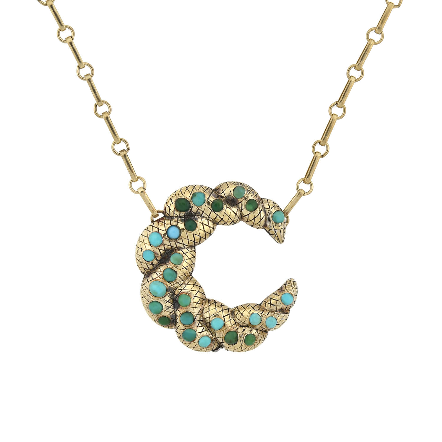 Victorian Sterling Silver Gilt Turquoise Crescent Pendant Necklace - 16