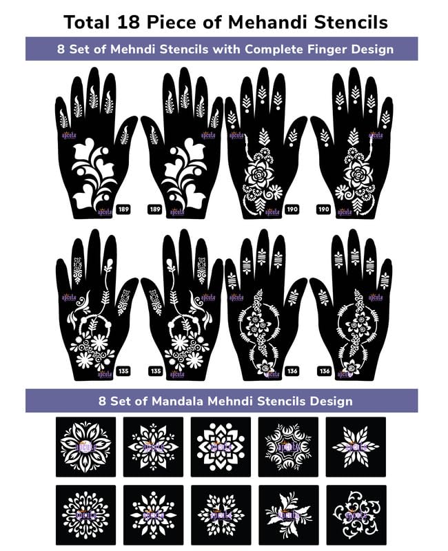 APCUTE 18-Piece Combo Pack Henna Stencil Stickers - Easy DIY Mehndi Tattoo Designs for Women, Girls & Kids - Quick & Reusable Body Art Kit - Perfect for Weddings, Parties & Festivals