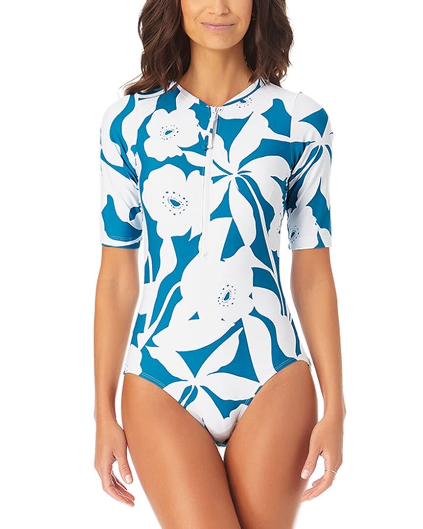 Anne Cole Women's Half-Sleeve Front-Zip One-Piece Swimsuit | UPF 50+ Sun Protection | Perfect for Beach, Pool & Water Sports