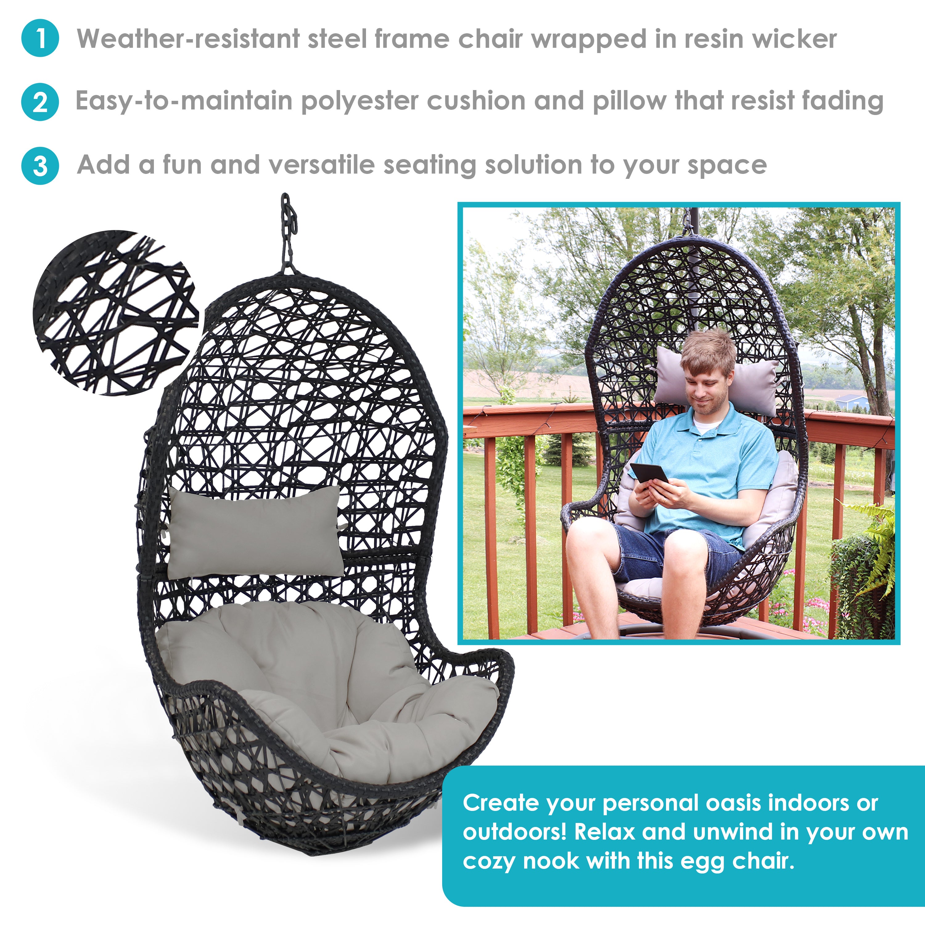 Sunnydaze Cordelia Outdoor Hanging Egg Chair with Weather-Resistant Cushion - Patio, Garden, Balcony & Backyard Relaxation Swing Chair for Adults