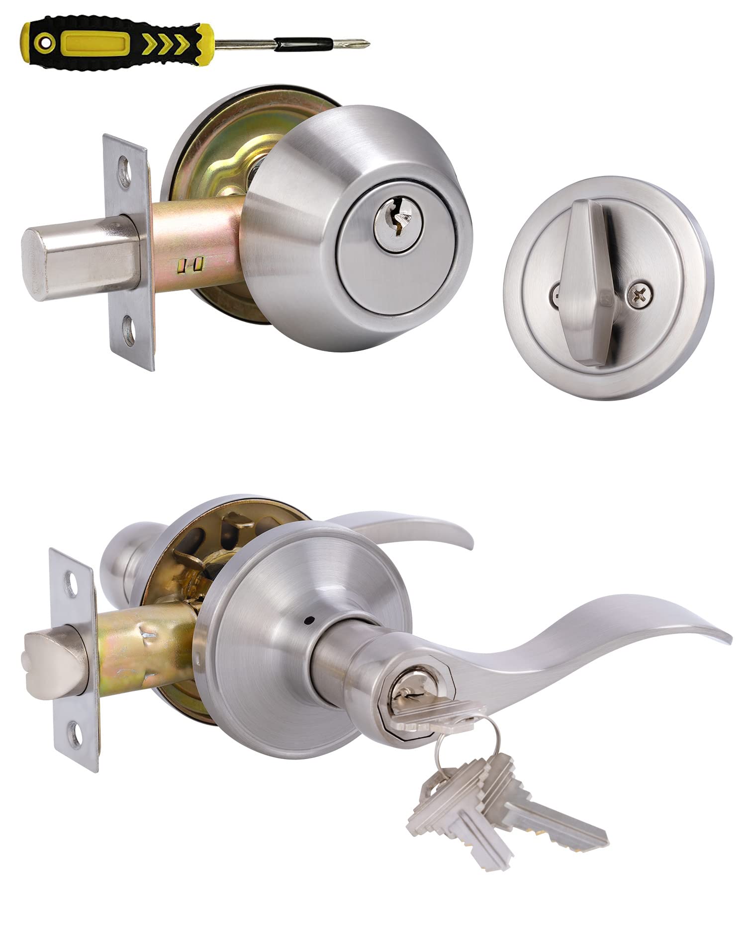 Keyed Alike Front Door Lever Lockset with Single Cylinder Deadbolt - Exterior Door Knob with Lock & Deadbolt in Satin Nickel Finish | Secure Your Home, Office or Rental Property Entrance