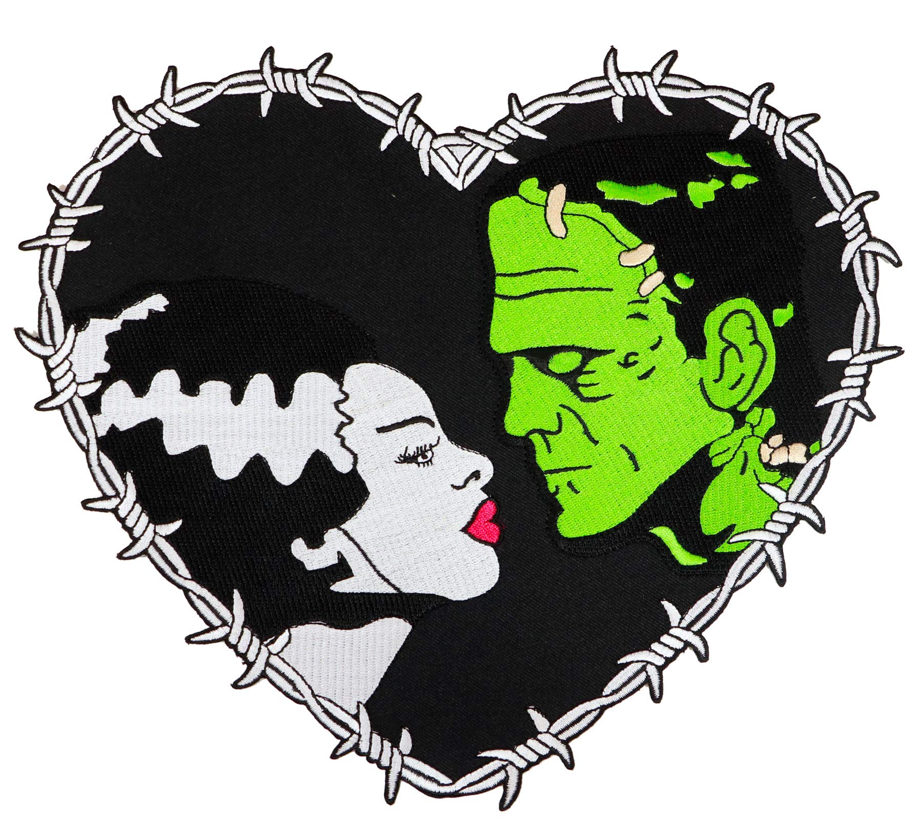 Universal Monsters Frankenstein & Bride Heart Embroidered Iron On Patch for Jackets, Vests & Backpacks - Gothic Punk DIY Clothing Accessory