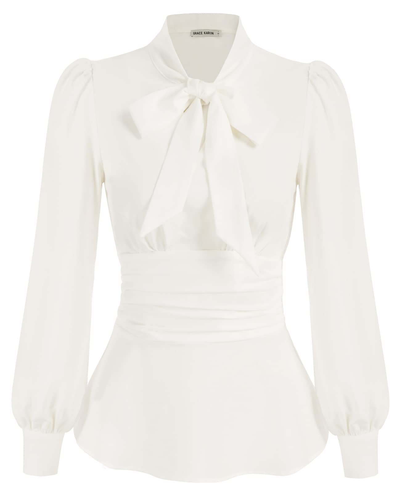 GRACE KARIN Women's 2025 Long Sleeve Peplum Blouse with Bow Tie - Elegant Office Work Shirt with Smocked Waist for Business Casual & Professional Outfits