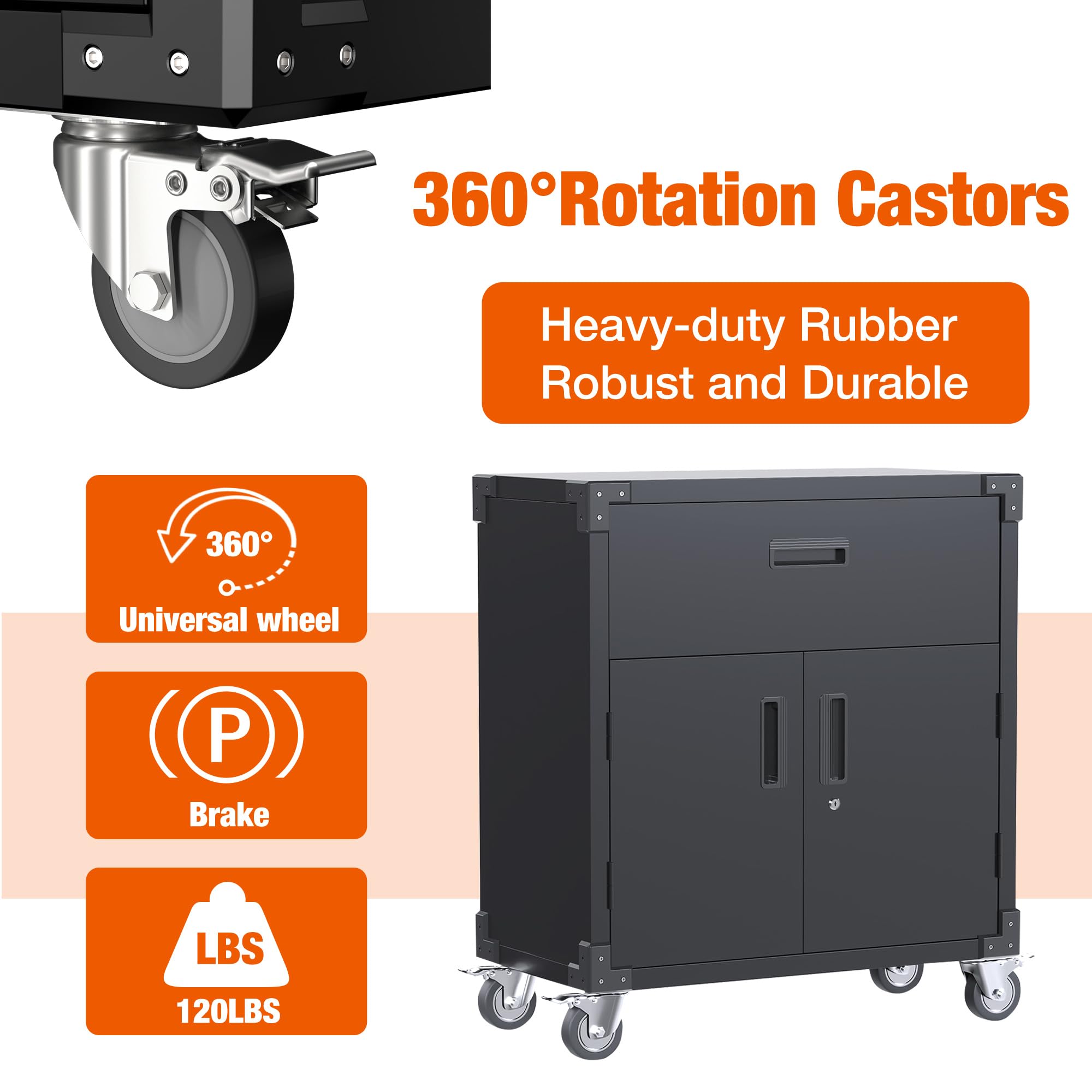 Aobabo Heavy Duty Metal Storage Cabinet with Wheels - Mobile Garage Tool Chest with 1 Drawer & 2 Locking Doors - Rolling Utility Cabinet for Workshop, Garage, or Home Organization - Black (Assembly Required)
