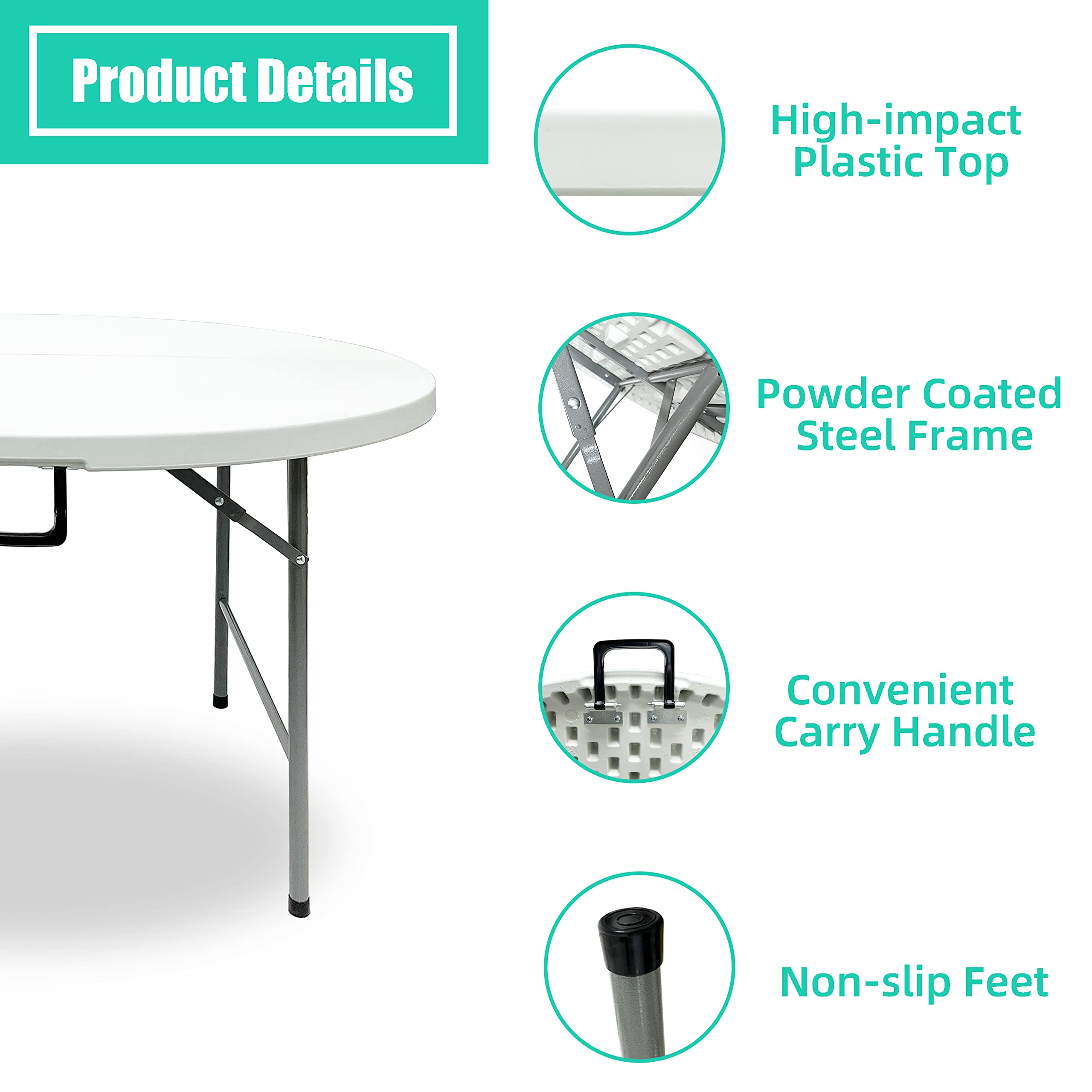 48 Inch Round Folding Table - Heavy Duty 4ft Portable Plastic Card Table with Handle for Indoor & Outdoor Use | Perfect for Parties, Dining, Patio, Picnic, Banquet & Events | White Commercial Grade Foldable Desk for Home, Office & Restaurant
