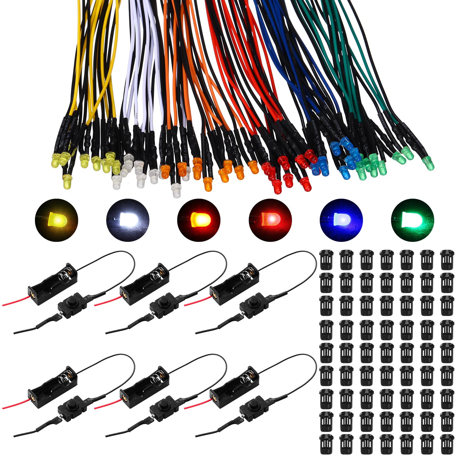 126 Pcs 12V LED Lights Kit with 60 Pre-Wired LED Diodes & 60 Plastic Holders - 3mm Mini Lights for DIY Crafts, Dollhouse, Model Making, Home Decoration and Science Projects