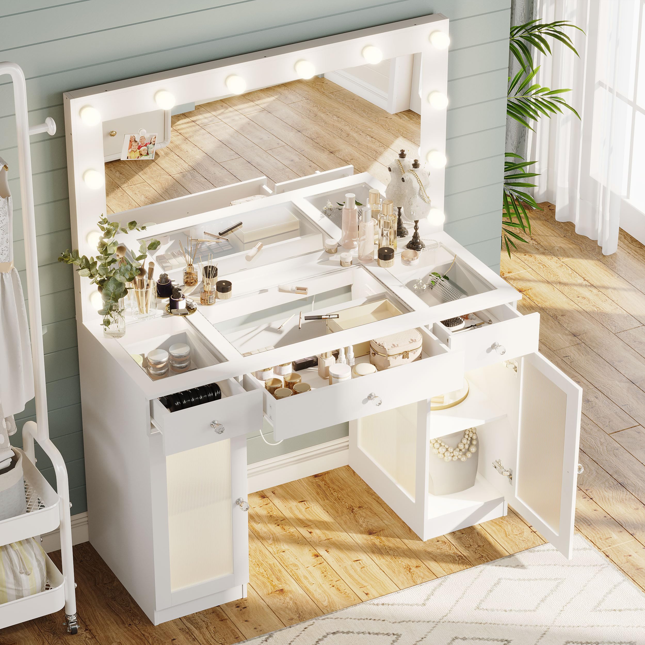 Vanity Desk with Large Mirror & LED Lights, Glass Top Makeup Vanity with Power Outlet - 3 Color Lighting Modes, White Dressing Table for Women & Girls | Perfect for Bedroom, Home Decor & Beauty Routine