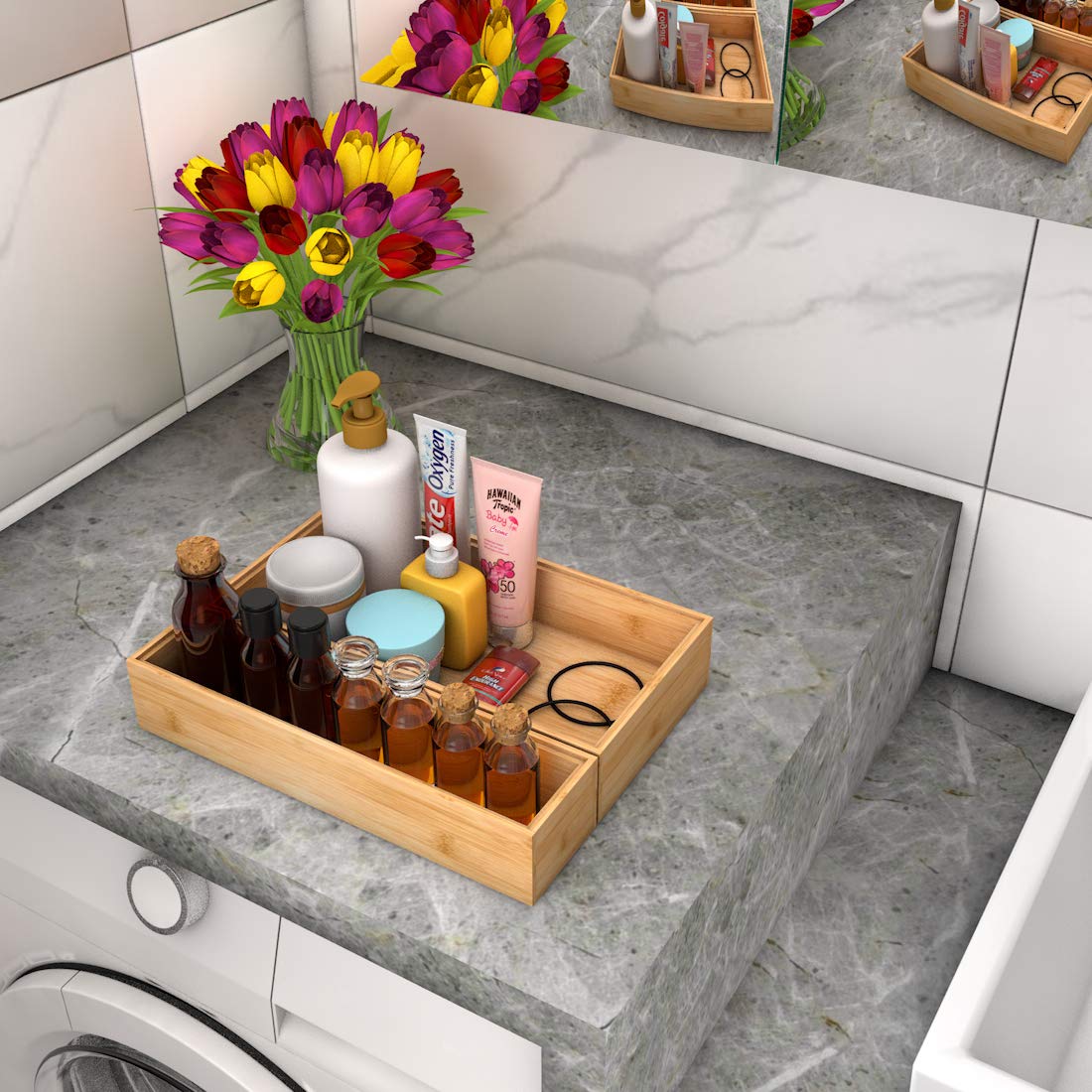 Multi-Purpose Wooden Drawer Organizer - Kitchen Utensil Holder & Bathroom Countertop Caddy (12