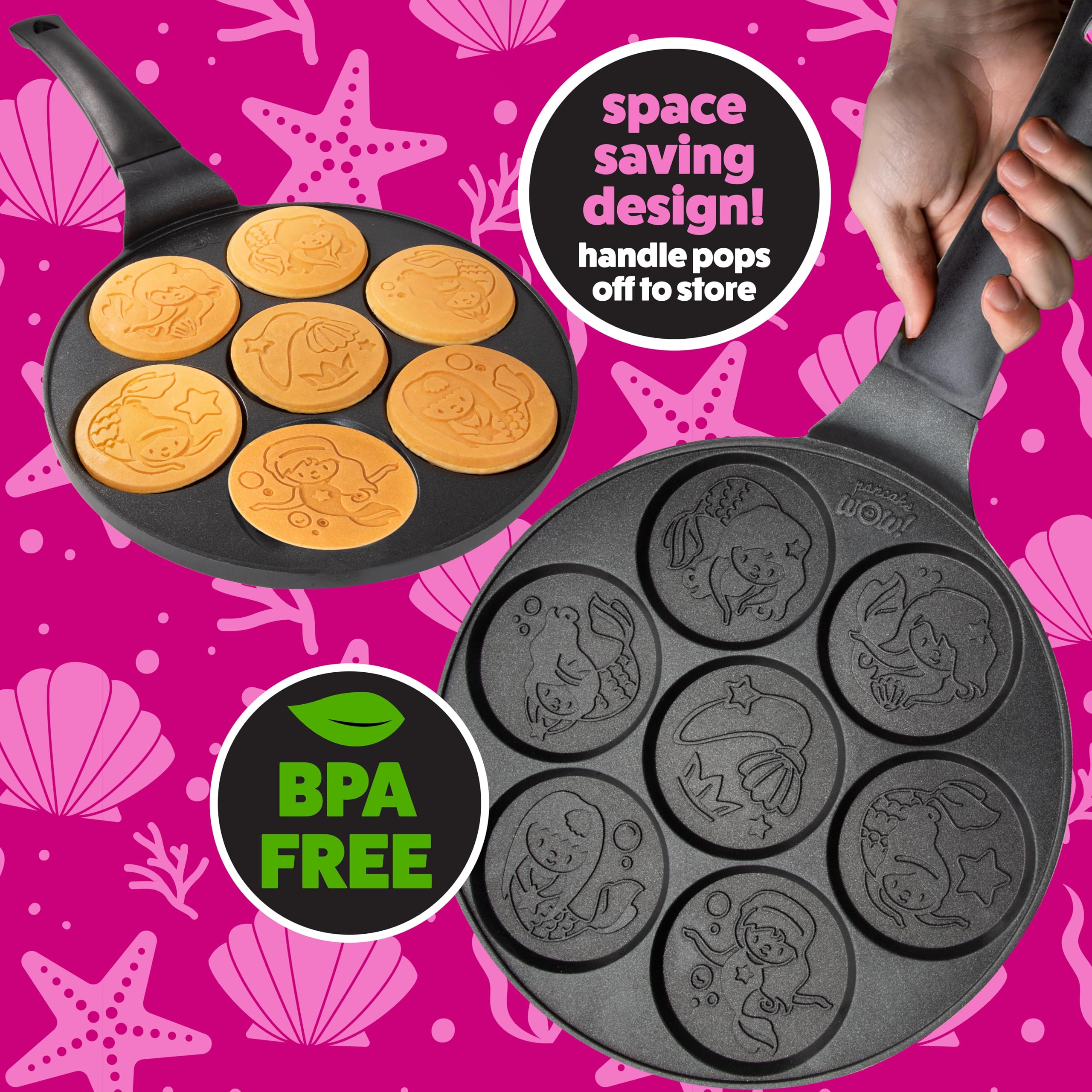 Mermaid Mini Pancake Pan - Nonstick Griddle for Making 7 Different Flapjack Mermaids, Long Handle for Easy Cooking & Cleaning | Perfect Gift for Girls, Kids Birthday & Under the Sea Themed Parties | Great for Breakfast, Brunch, Sleepovers & Family Fun