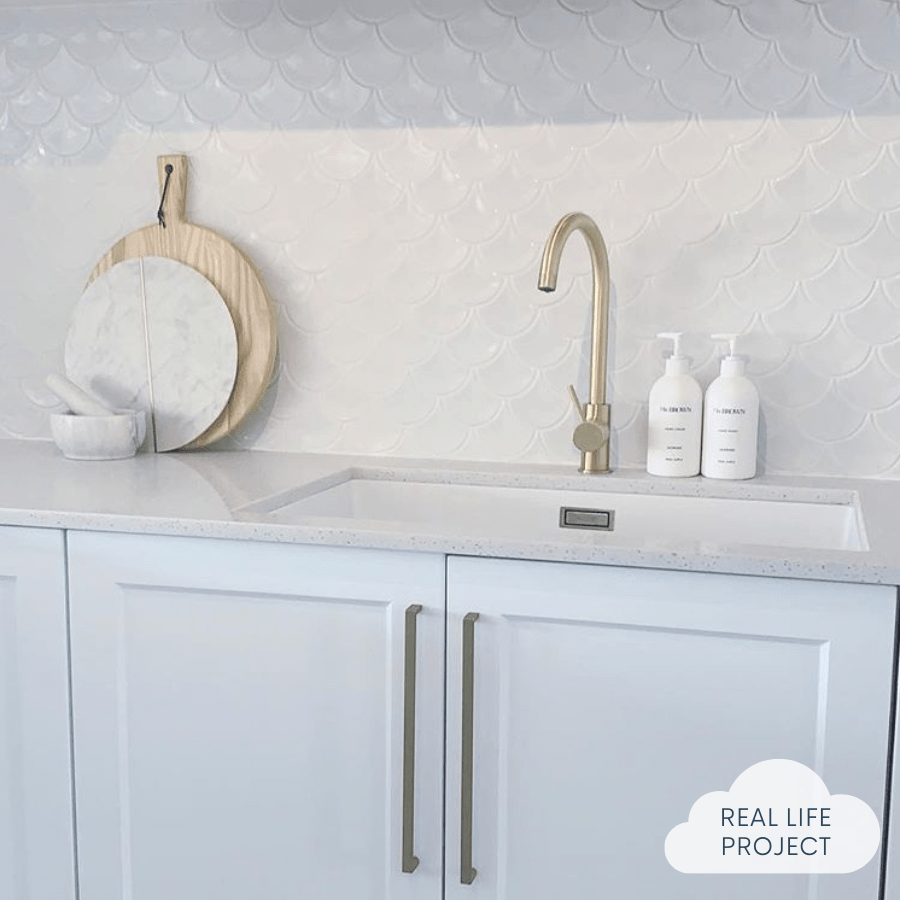 Premium Coral Bay Gloss White Fish Scale Tile - Waterproof Ceramic Wall & Floor Tile for Bathroom, Kitchen Backsplash, and Pool Designs