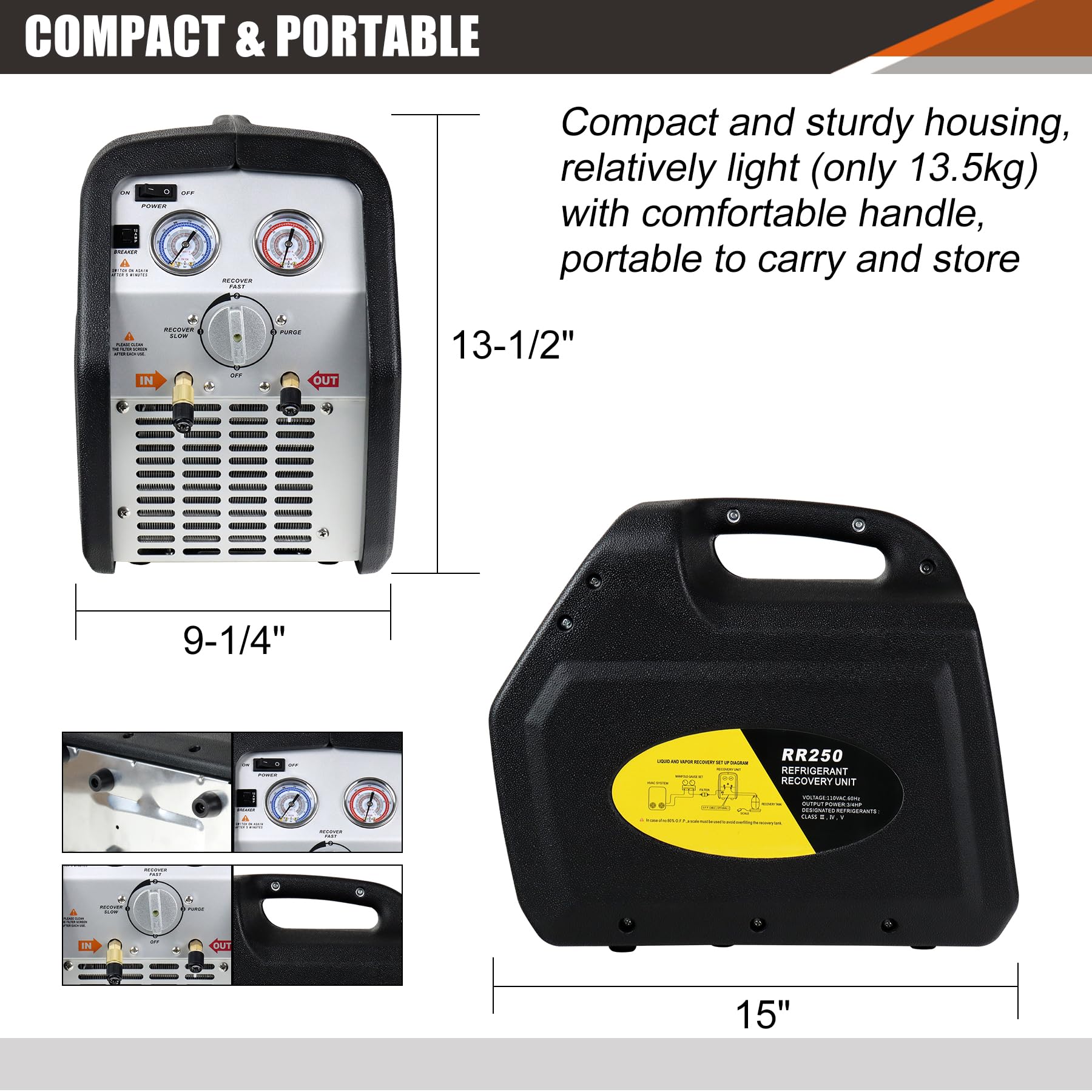 JIFETOR Portable AC Refrigerant Recovery Machine - 3/4HP Oil-Less Compressor for Recycling Liquid & Vapor Refrigerant | Automotive AC & HVAC System Maintenance Tool | Ideal for Car Repair Shops & Home HVAC Service