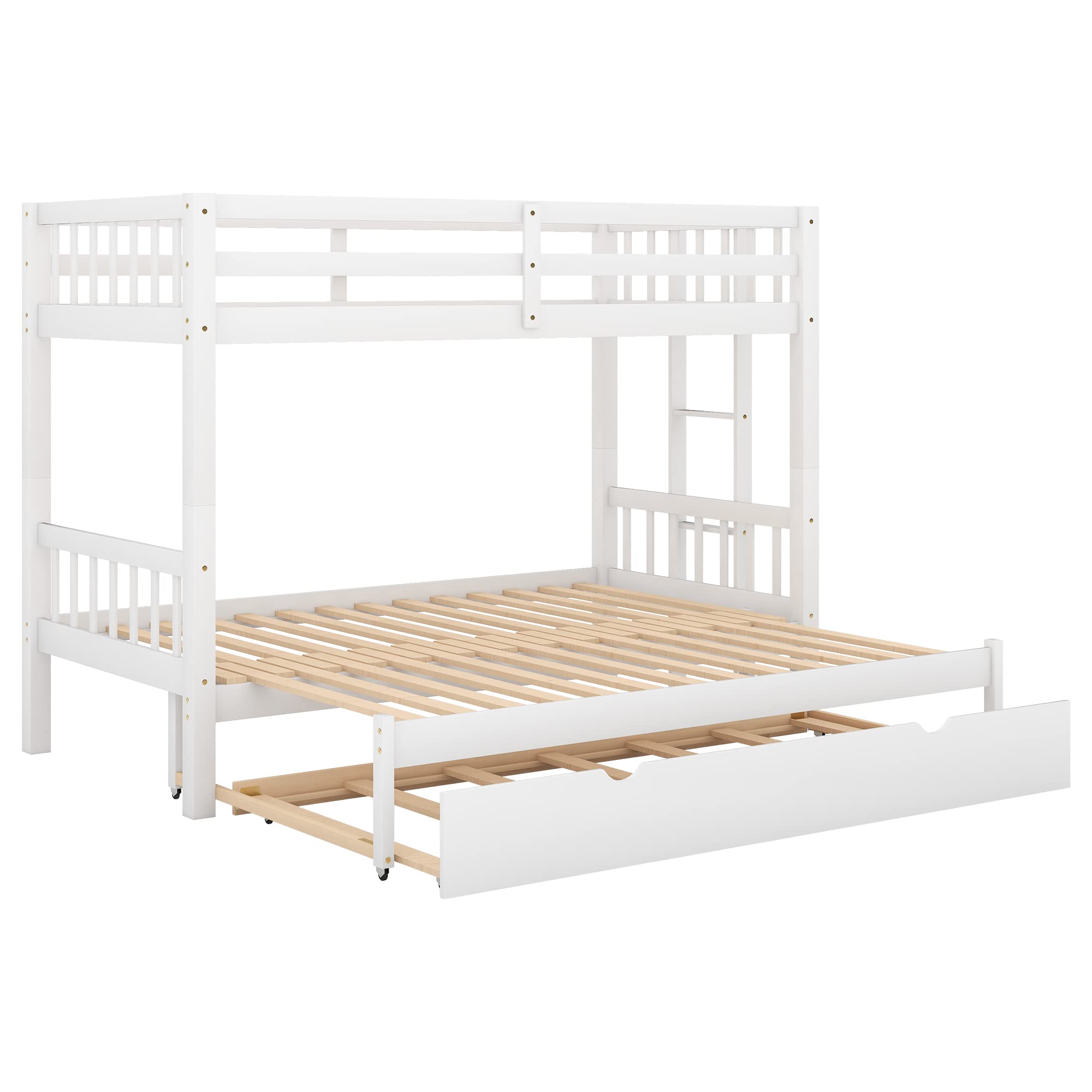 Twin Over Twin Bunk Bed with Trundle - Expandable Wooden Bunk Bed Frame for Kids with Ladder & Safety Rail - Convertible to Twin/Double Bed - Perfect for Small Bedrooms, Guest Rooms & Vacation Homes - White