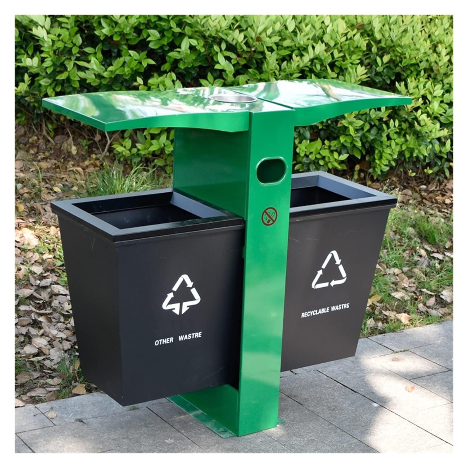 Durable Metal Outdoor Trash Can with Removable Ashtray - Double-Barrel Waste Sorting Bin for Backyard, Deck & Patio - Easy Installation & Weather Resistant (Green) | Perfect for Outdoor Gatherings, BBQ Parties & Garden Waste Management