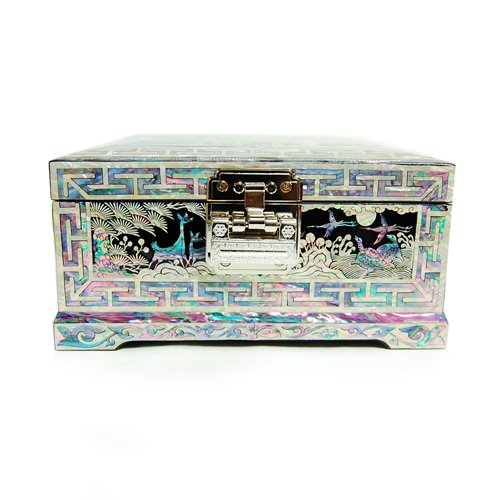 Mother of Pearl Asian Lacquered Wooden Jewelry Box with Long Life Emblem Design - Handcrafted Treasure Chest for Necklace, Ring & Keepsake Storage - Perfect Gift for Women, Wedding & Home Decor