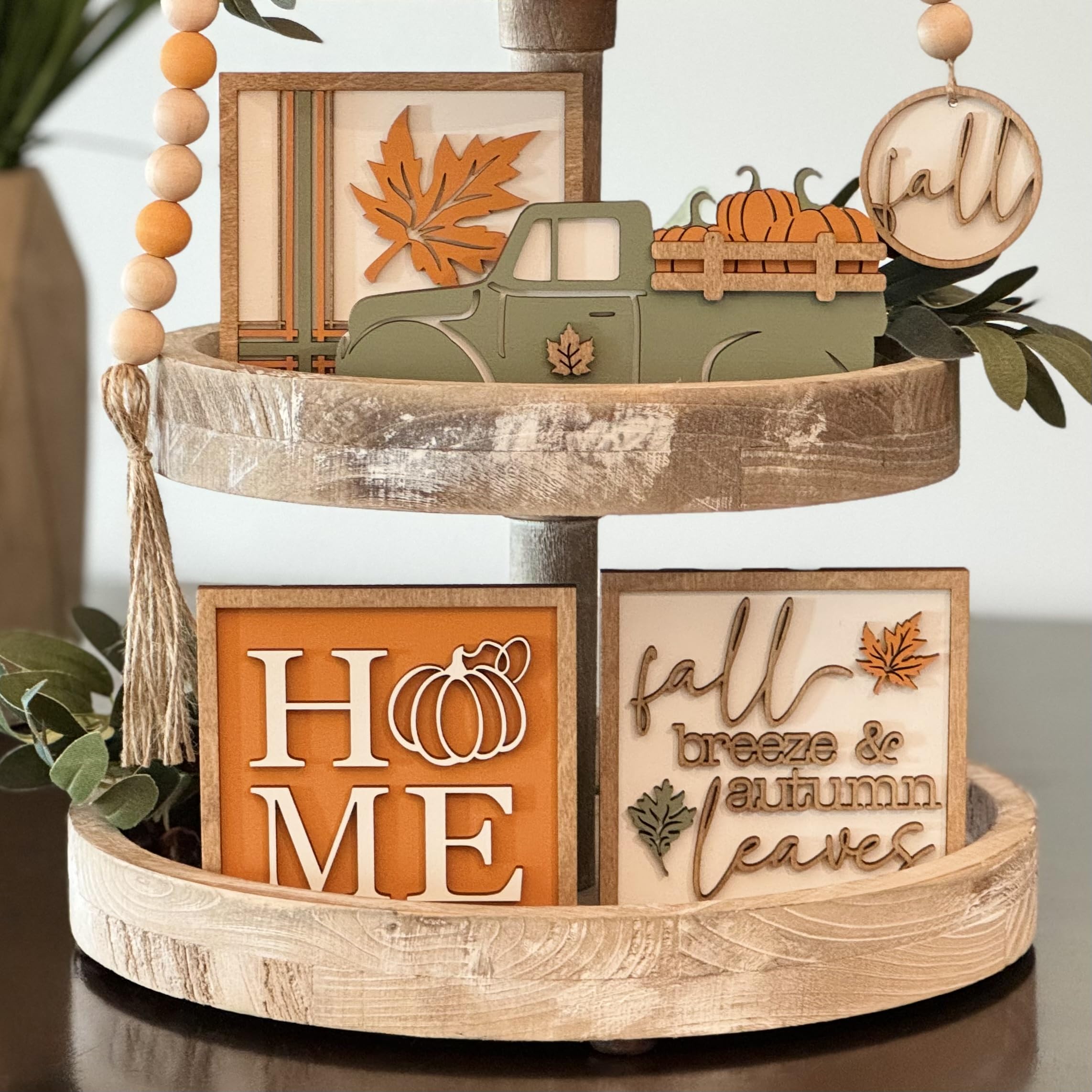 7-Piece Autumn Tiered Tray Decor Set - Fall Themed Home Decor Bundle with Pumpkin, Leaves & Acorn Designs for Thanksgiving, Halloween, and Seasonal Table Centerpieces | Perfect for Coffee Tables, Kitchen Countertops, and Entryway Displays