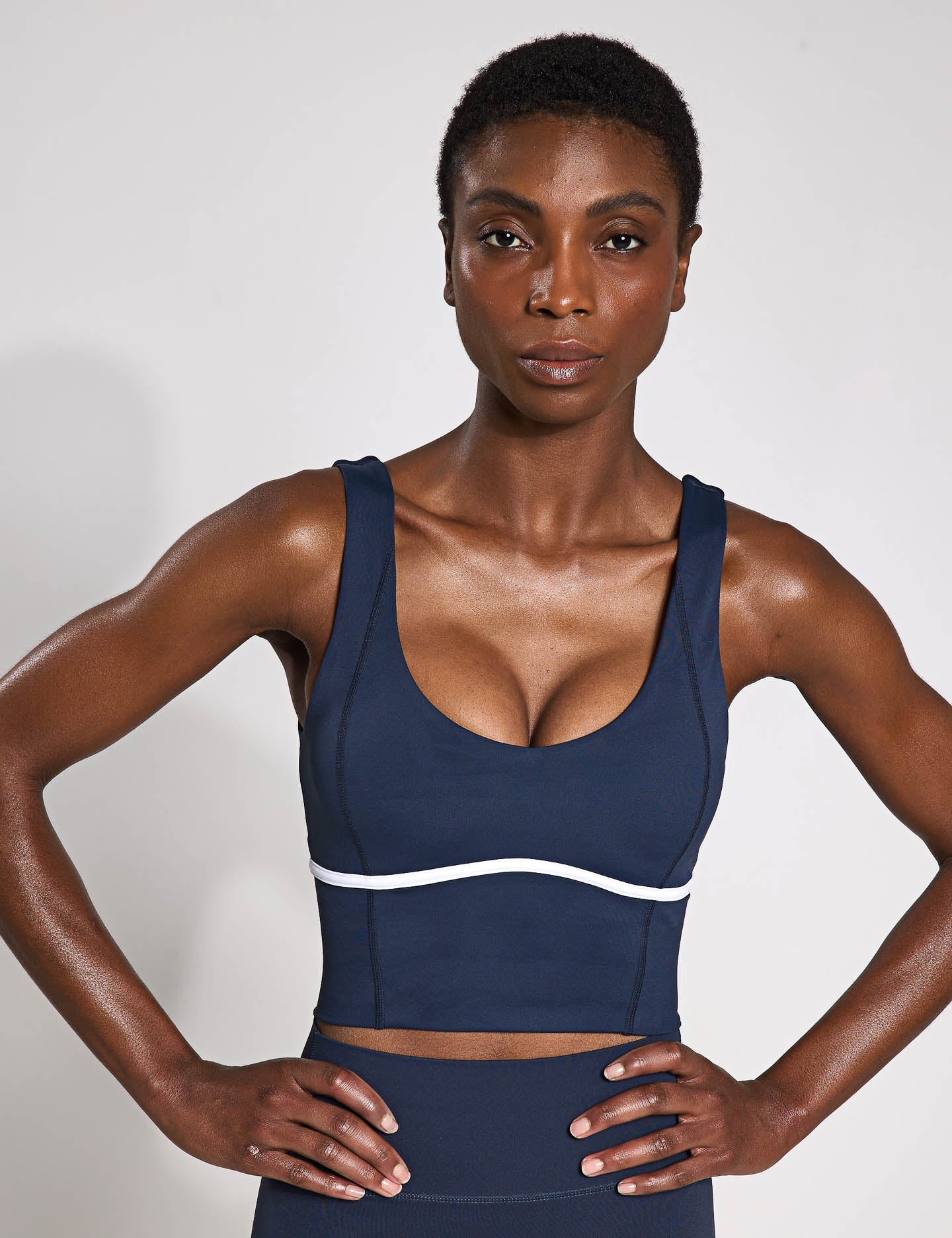 Ava High Support Sports Bra for Women - Navy & White - Perfect for Running, Yoga, and Gym Workouts