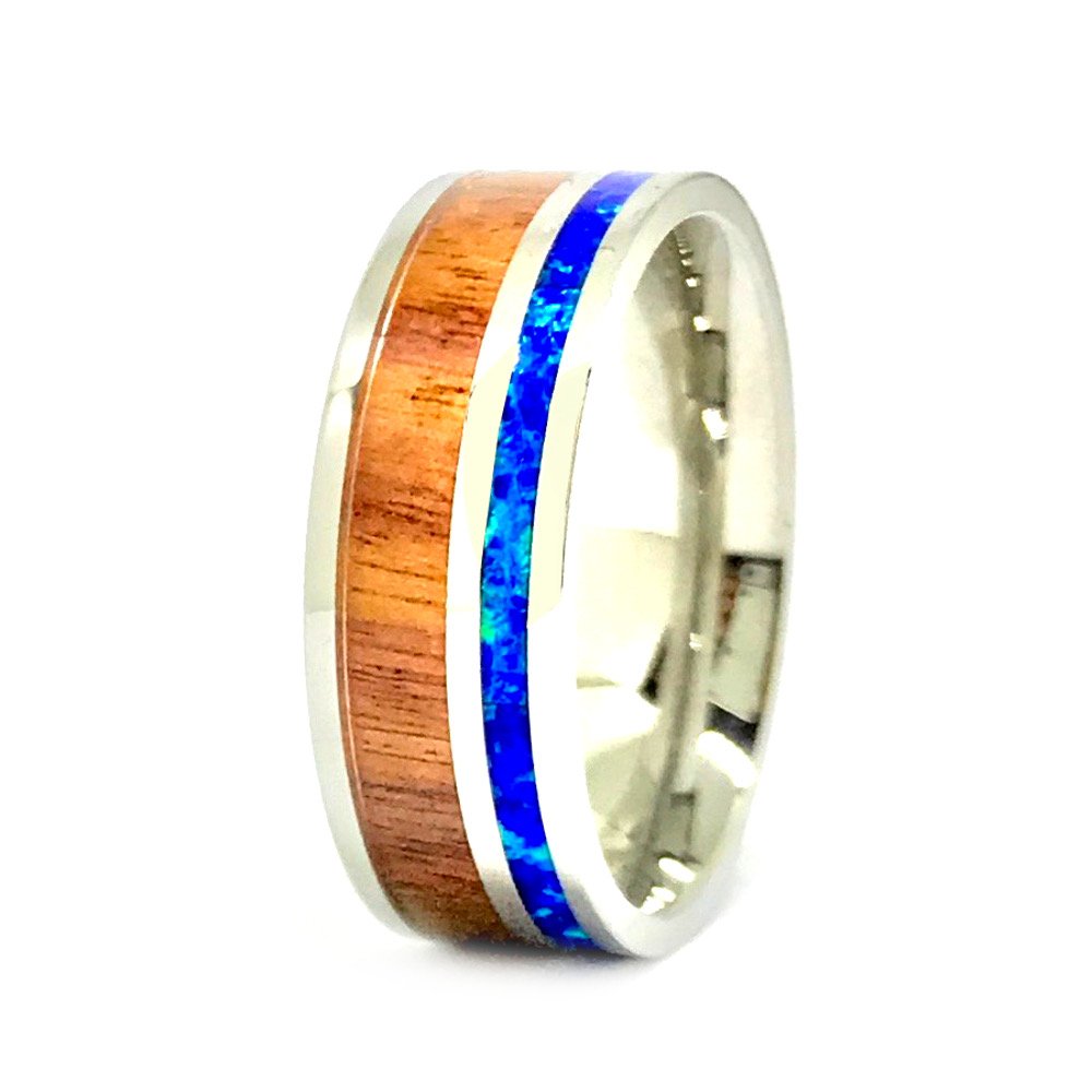 Natural Opal & Koa Wood Wedding Band - 8mm Stainless Steel Engagement Ring for Men & Women - Perfect for Anniversaries, Proposals & Unique Gifts