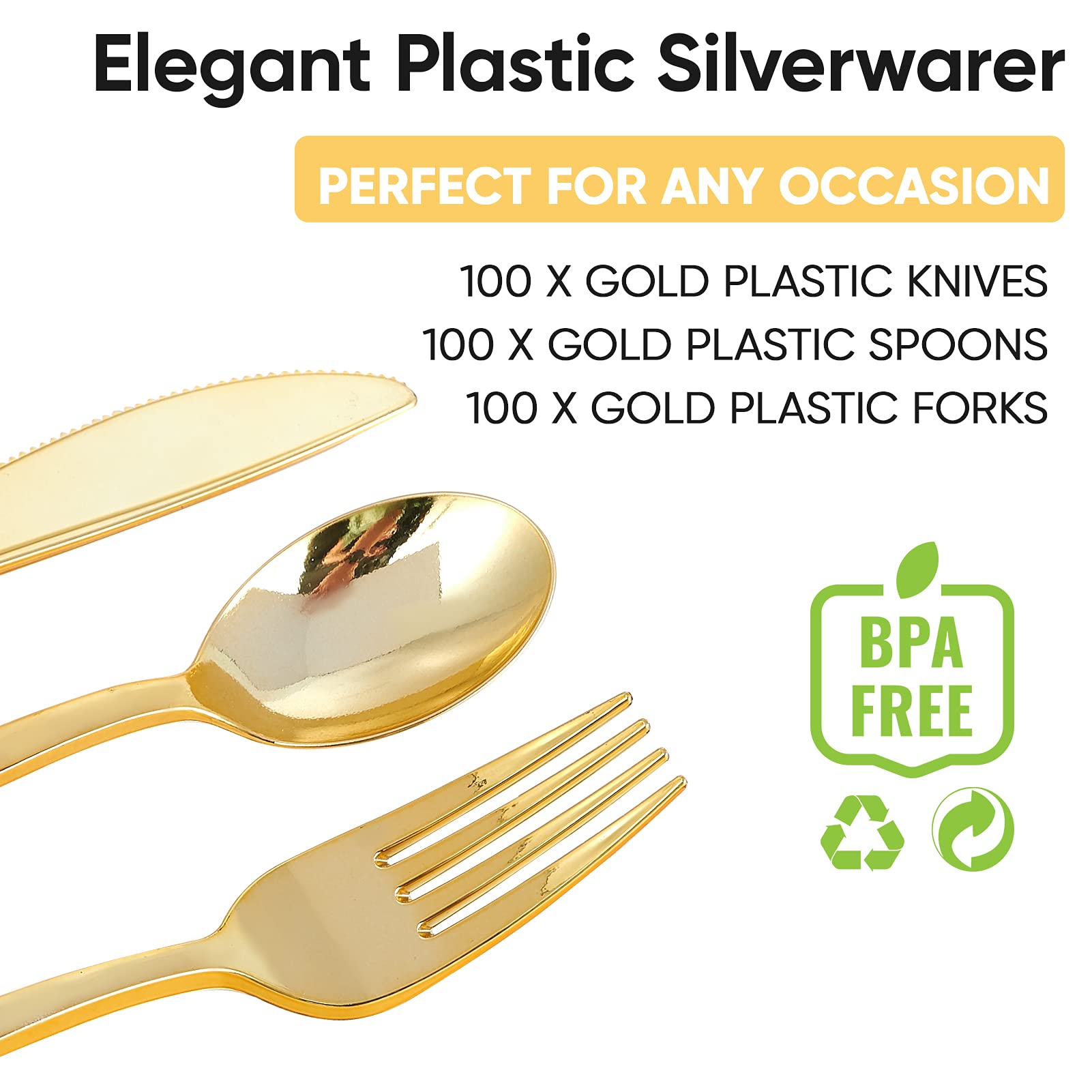 FOCUSLINE 300-Piece Gold Plastic Silverware Set - 100 Forks, 100 Knives, 100 Spoons - Heavy Duty Disposable Cutlery for Catering, Parties, Weddings & Events - Perfect for BBQs, Picnics, Office Lunches & Family Gatherings