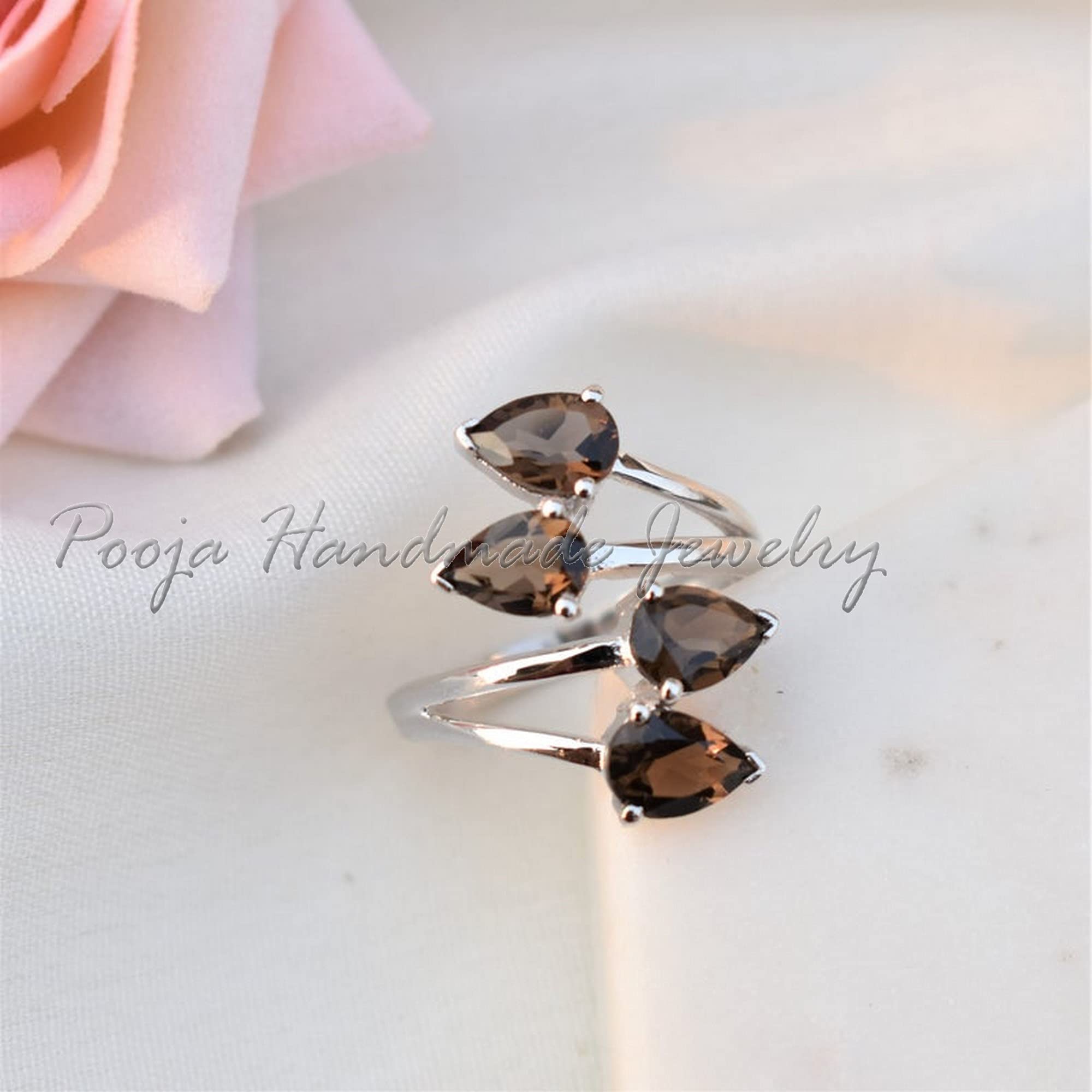 925 Sterling Silver Smoky Quartz Ring - Handmade Boho Adjustable Stackable Spiral Ring for June Birthstone, Promise & Engagement Rings | Perfect for Everyday Wear, Gifts & Special Occasions