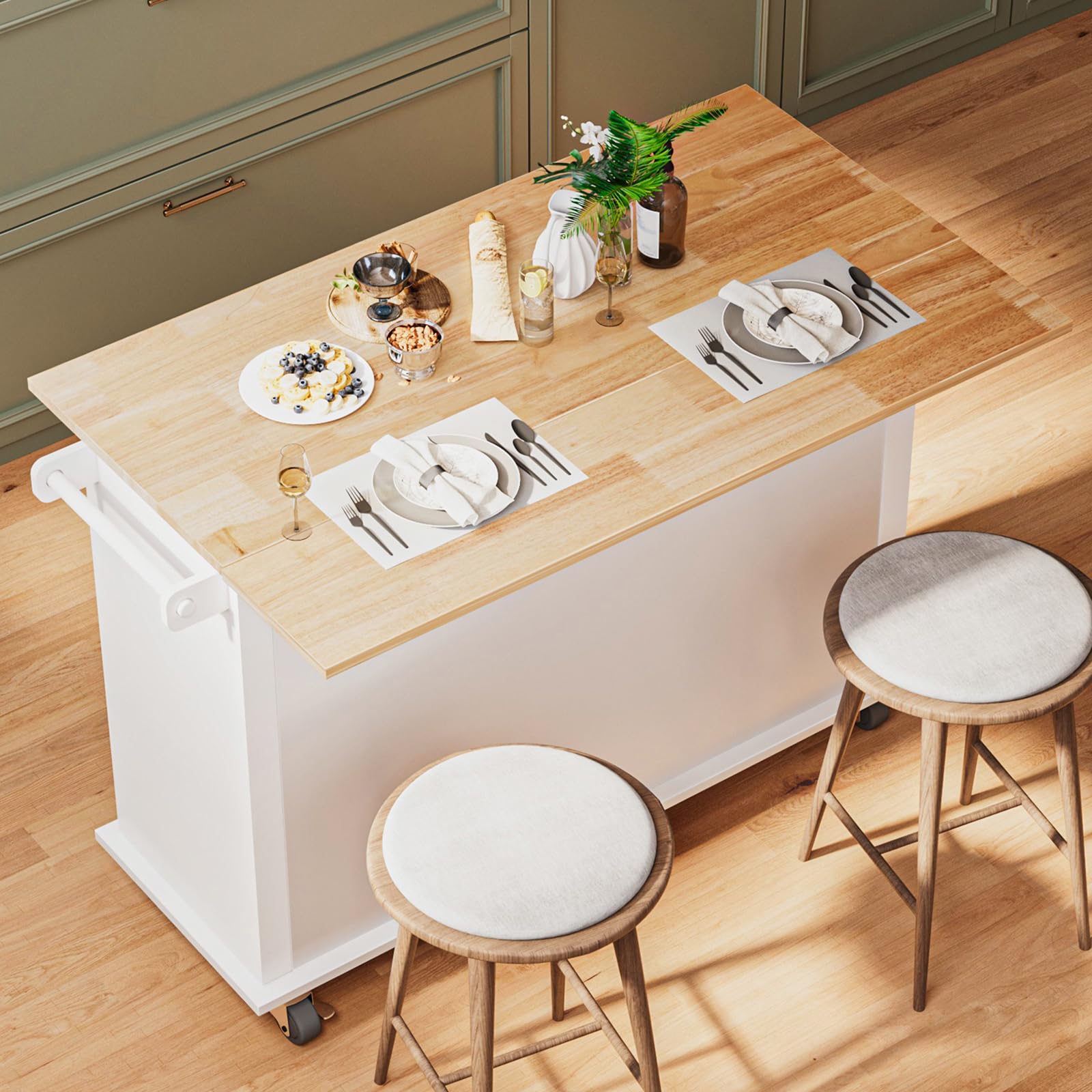 White Rolling Kitchen Island with Drop Leaf - Mobile Kitchen Cart with Storage, Towel Rack & Drawers - Perfect for Small Kitchens, Dining Rooms & Food Prep Areas